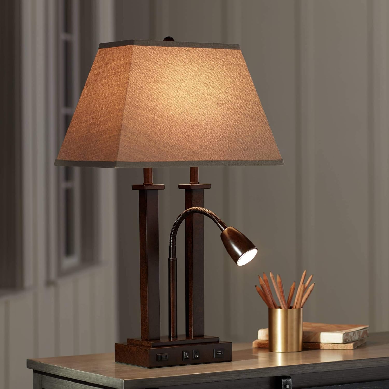 Deacon Modern Desk Table Lamp with USB and AC Power Outlet in Base Gooseneck LED 26" High Bronze Rectangular Linen Shade for Living Room Bedroom House Bedside Nightstand Home - Possini Euro Design - - 