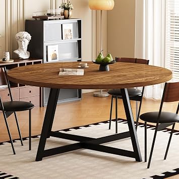 59 Round Dining Table for 6-8, Modern Kitchen Table with Steel Base, Dining Room Tables for Kitchen, Brown