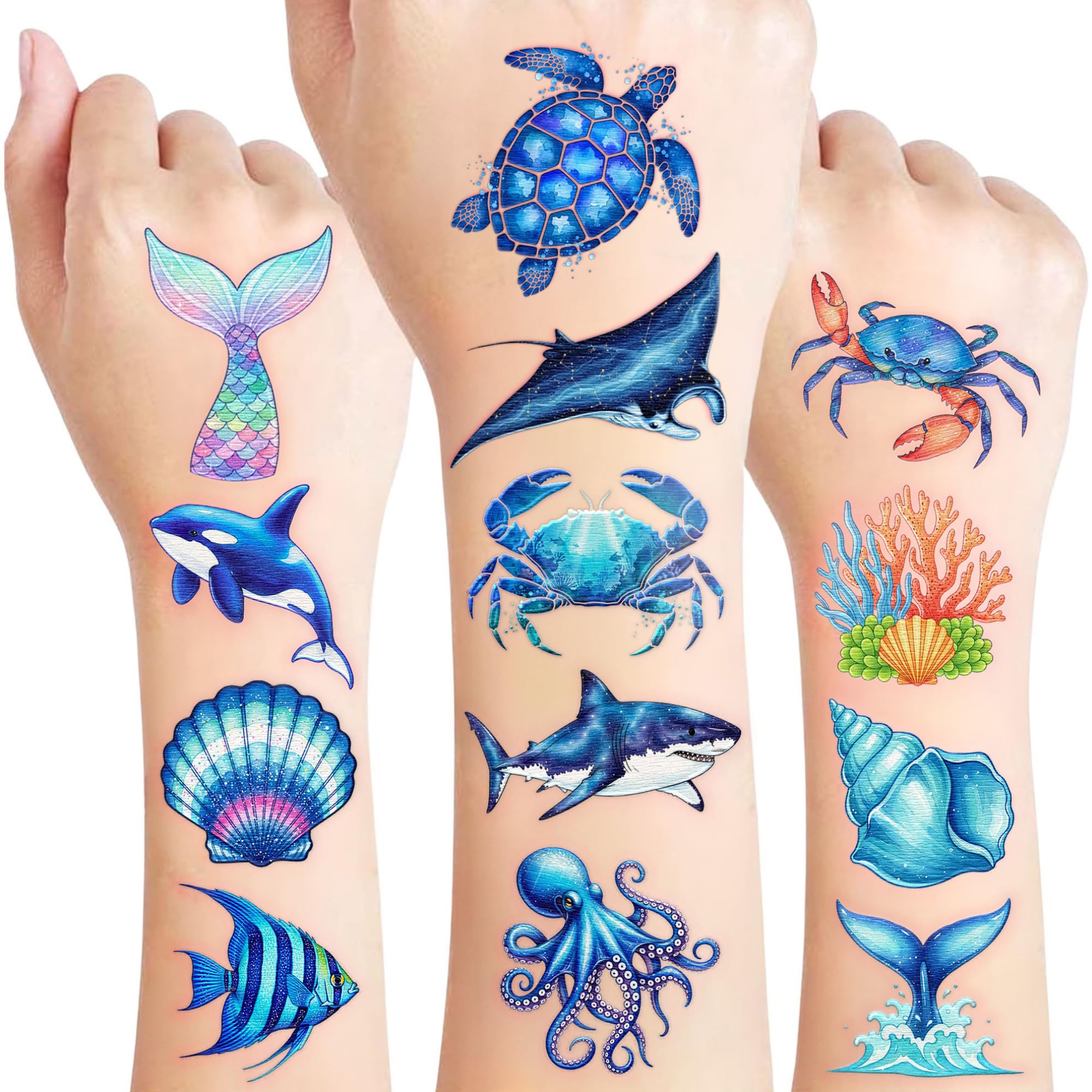 96PCS Ocean Temporary Tattoos Stickers - Under The Sea Themed Birthday Party Favors Adventure Ocean Birthday Party Decorations Accessories Supplies Gift For Kids Teens Adult Classroom Prizes Rewards