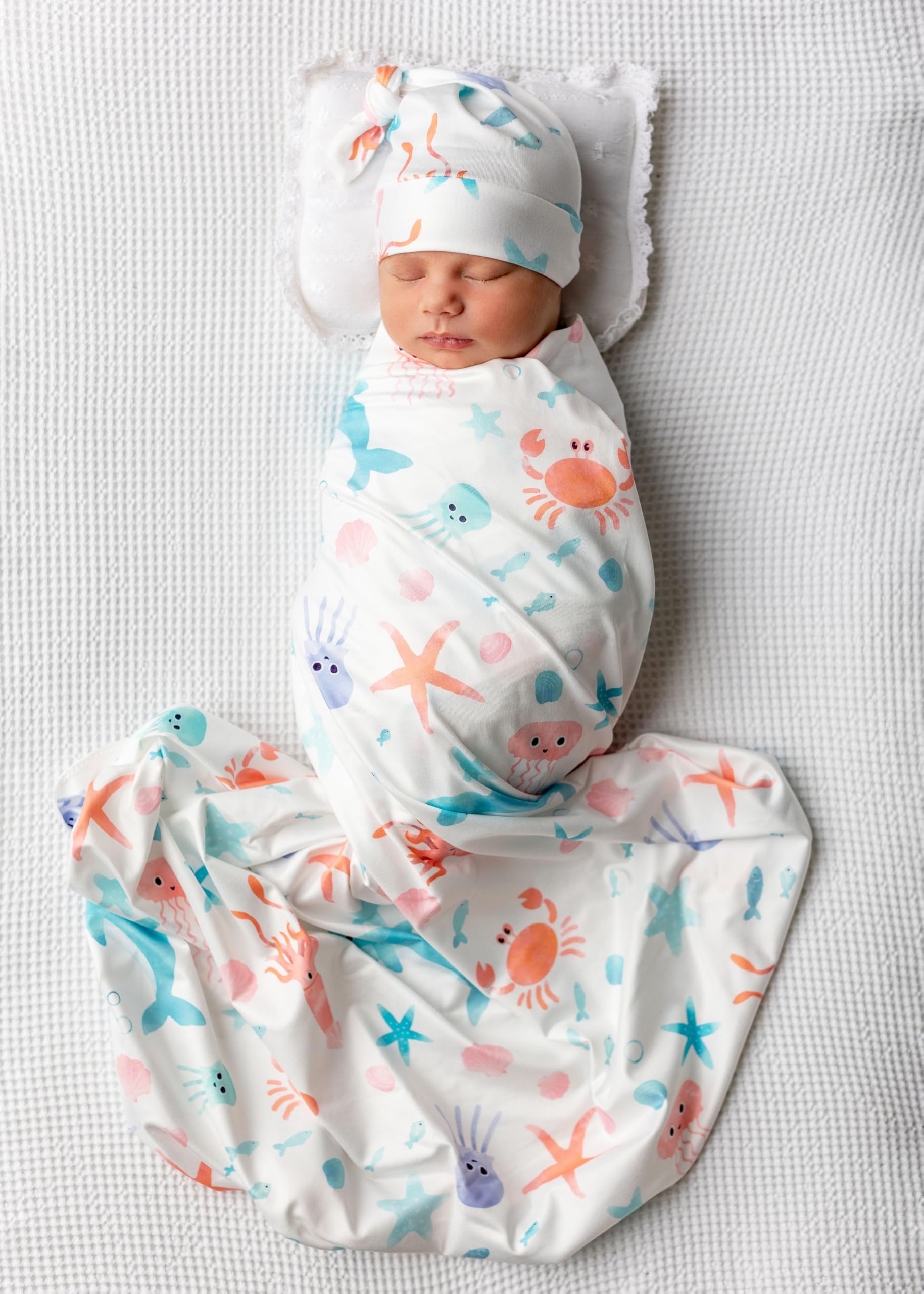 Newborn Swaddle Set, Blue and Pink Fish, Beanie and Headband
