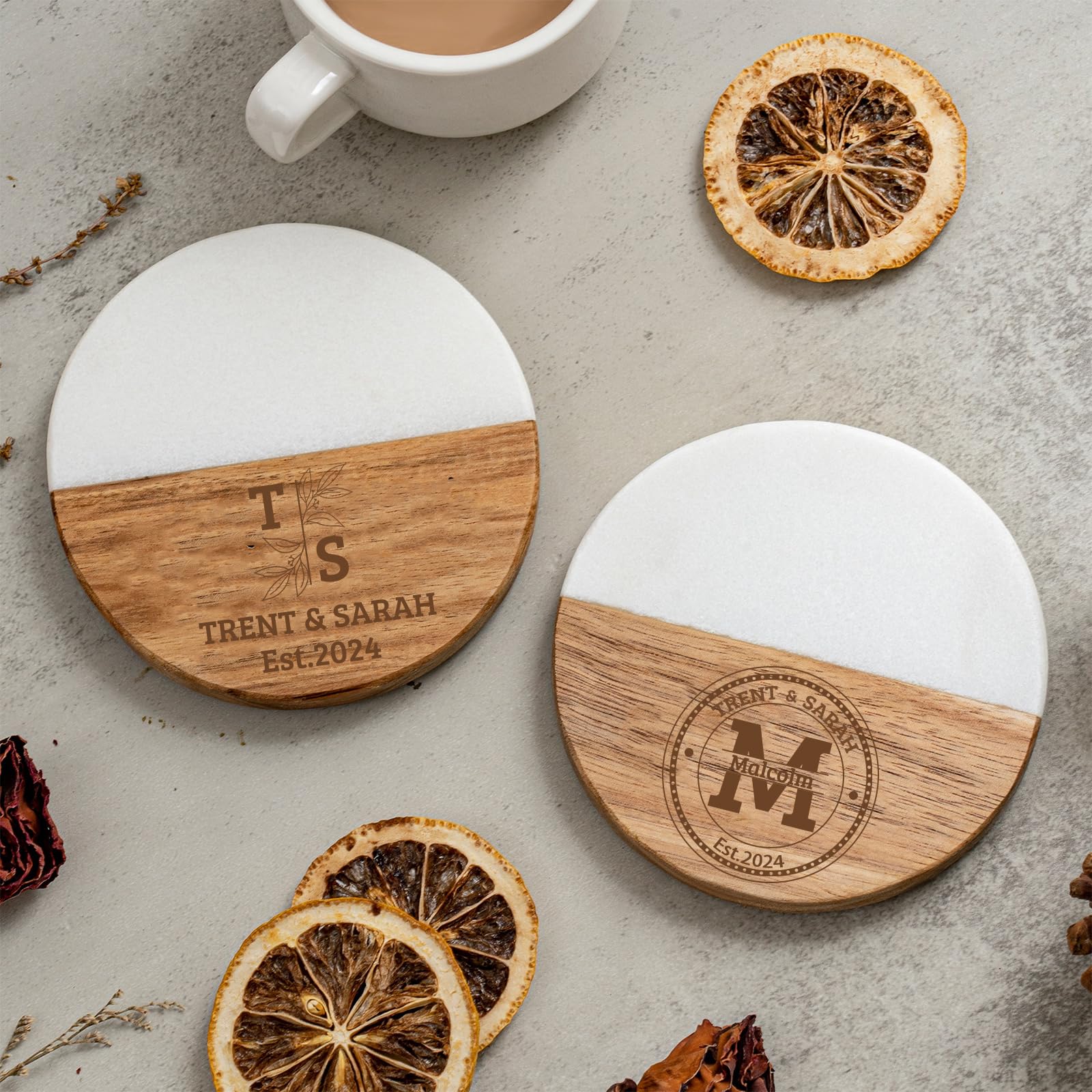 Crezusvo Personalized Coasters, Anniversary Wedding Gifts for Couple, Marble Wood Coaster with Monogram Engraved, Great Newlywed Housewarming