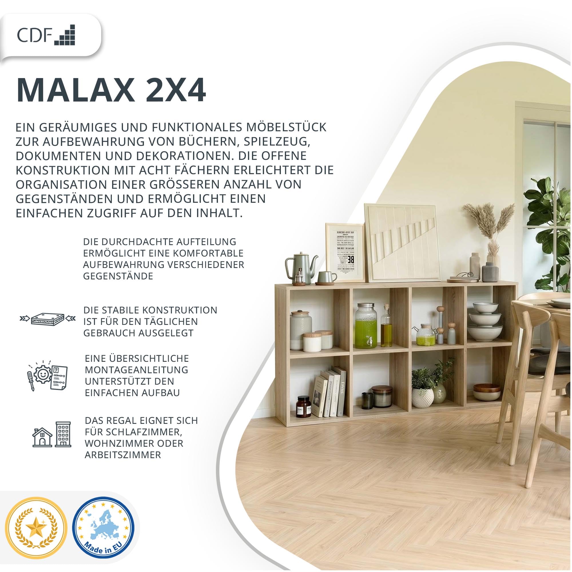 CDF Bücherregal mit 8 Fächern Würfelregal offenen Würfeln für Wohnzimmer Studio 2x4 Regal Stufenregal Ordnungssystem für Bücher Deko Fotos Arbeitszimmer Flur Eiche Sonoma 30x147x75 cm
