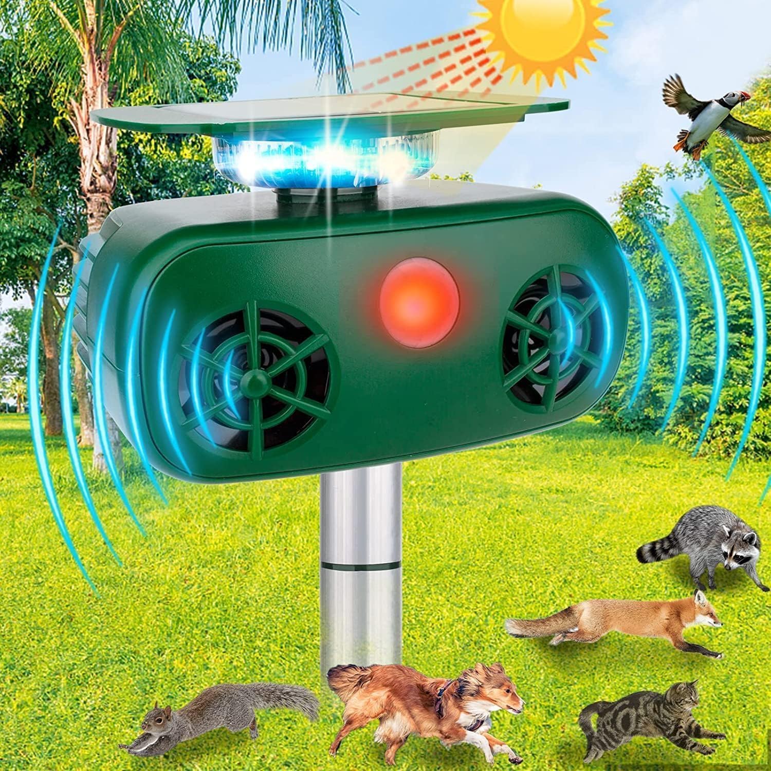 ALMEKAQUZ Solar Ultrasonic Animal Repeller with 360-degree Flash, Waterproof Outdoor Animal Repeller with Five Modes, Pest Animal Repellent for Repelling Dog/Cat/Bird/Fox/squirrel
