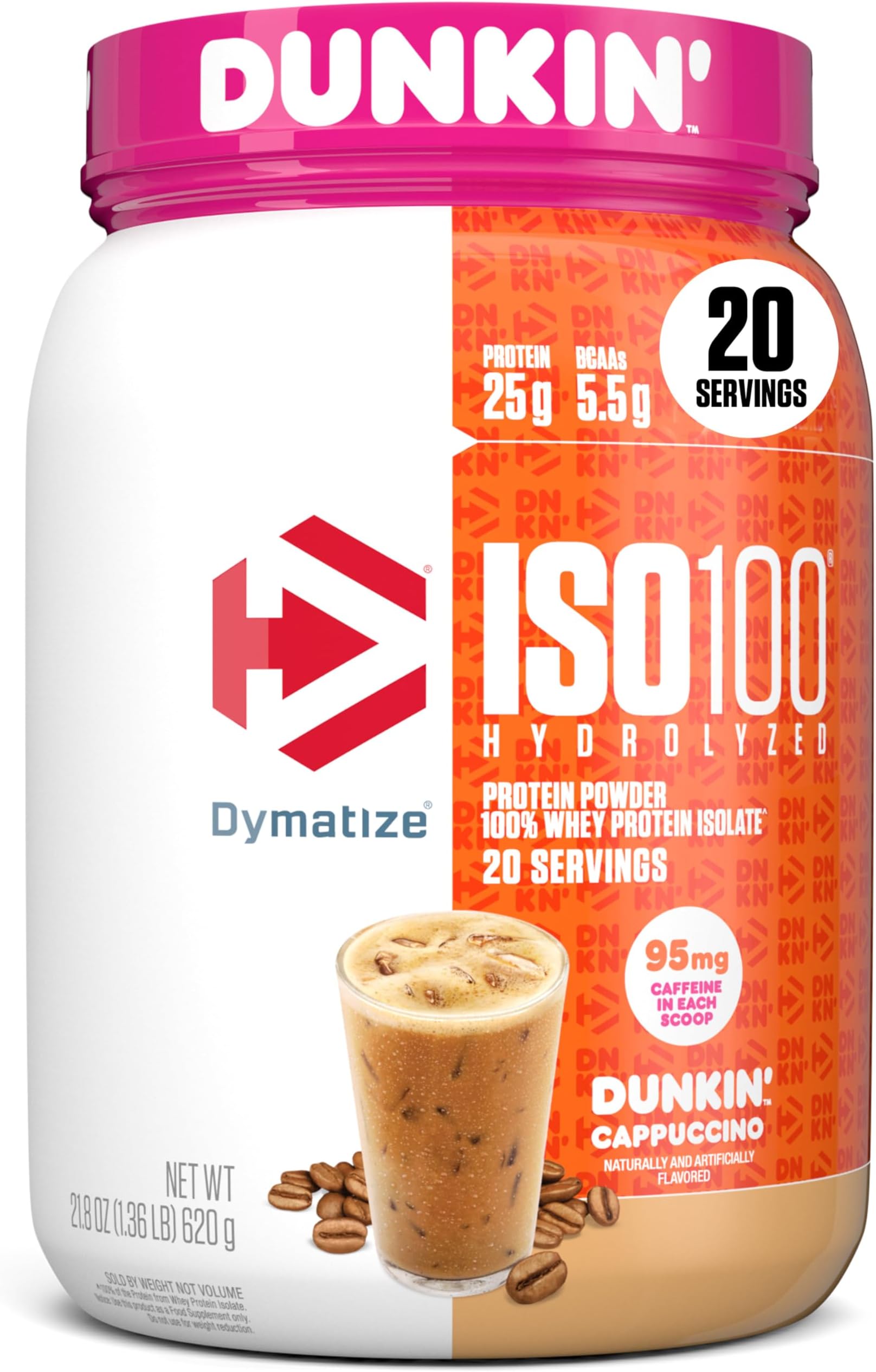 x Dunkin' Cappuccino ISO100 Whey Protein Powder, 95mg Caffeine, 25g of Protein5.5g BCAAs, 120 Cal., Gluten Free, 1g Fat, 1g Sugar, 2g Carb (20 Servings)