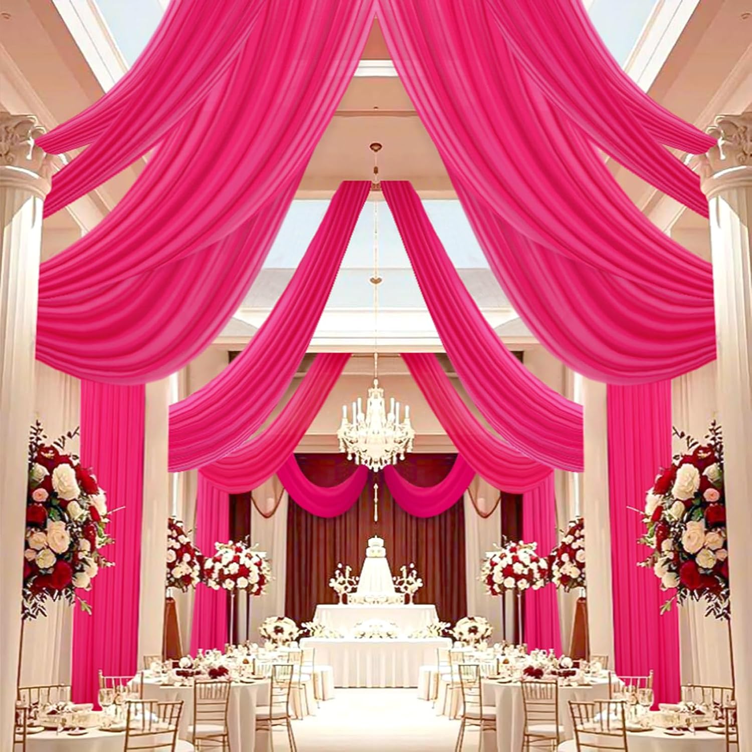 DUOBAO Elegant 20ft Hot Pink Chiffon Wedding Curtains - 6 Panels Sheer Drapes for Stage, Tent, and Photo Backdrops