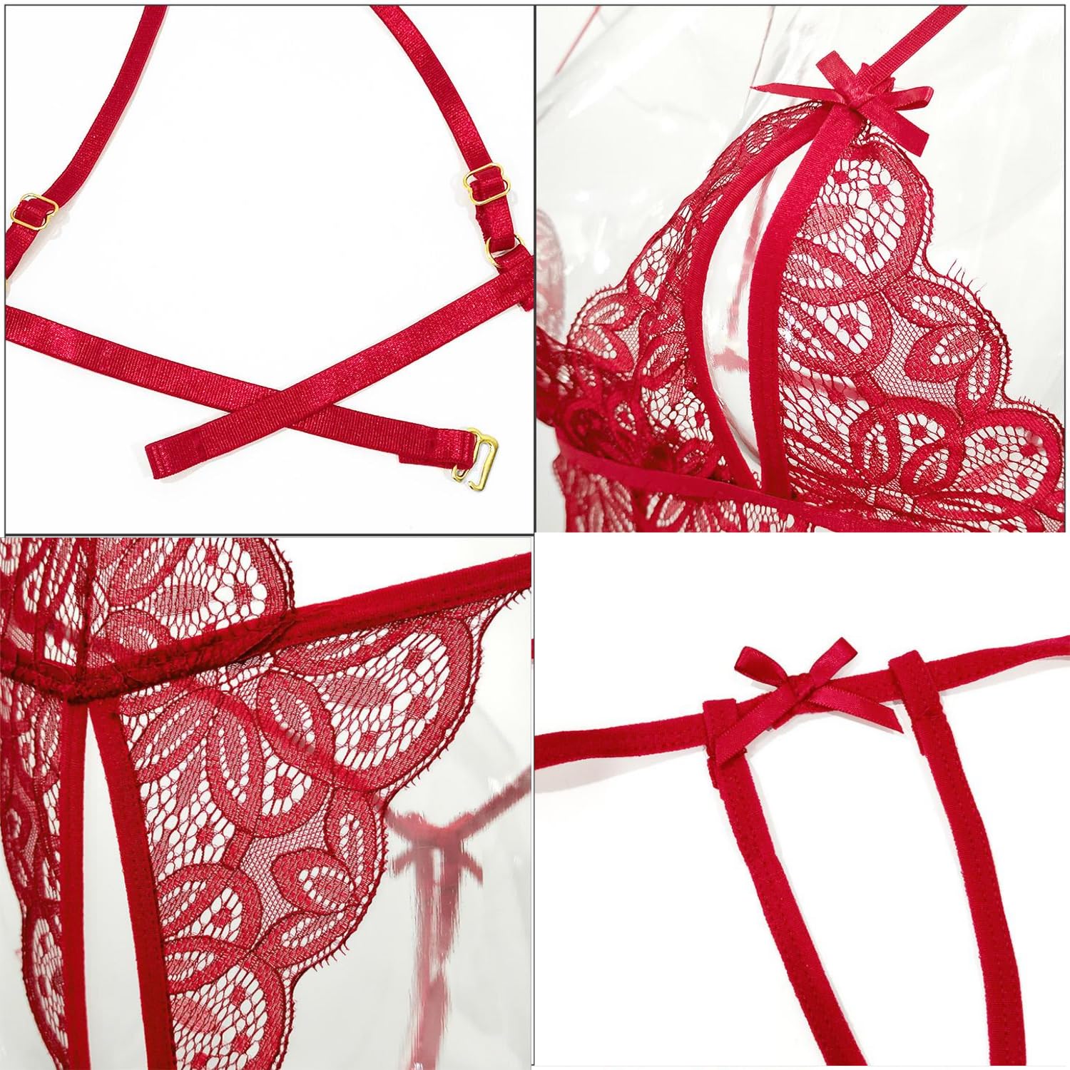 Sexy Outfit Body Sexy en Dentelle pour Femme - Une pièce - Col en V Profond - Dos Nu - Bretelles réglables - Vêtements de Nuit coquins pour Nuit de Mariage, Lune de Miel