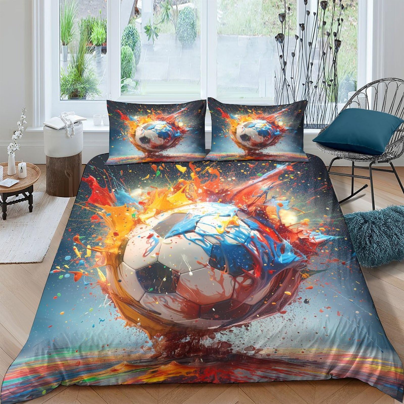 Ctjqhvkz Style-9 3D Printed Fiery Soccer Fitted Sheet Microfiber Soft Bed Cover With Watercolor Football Mattress Cover For Bedroom Dorm Home Decor Single（135X200cm）