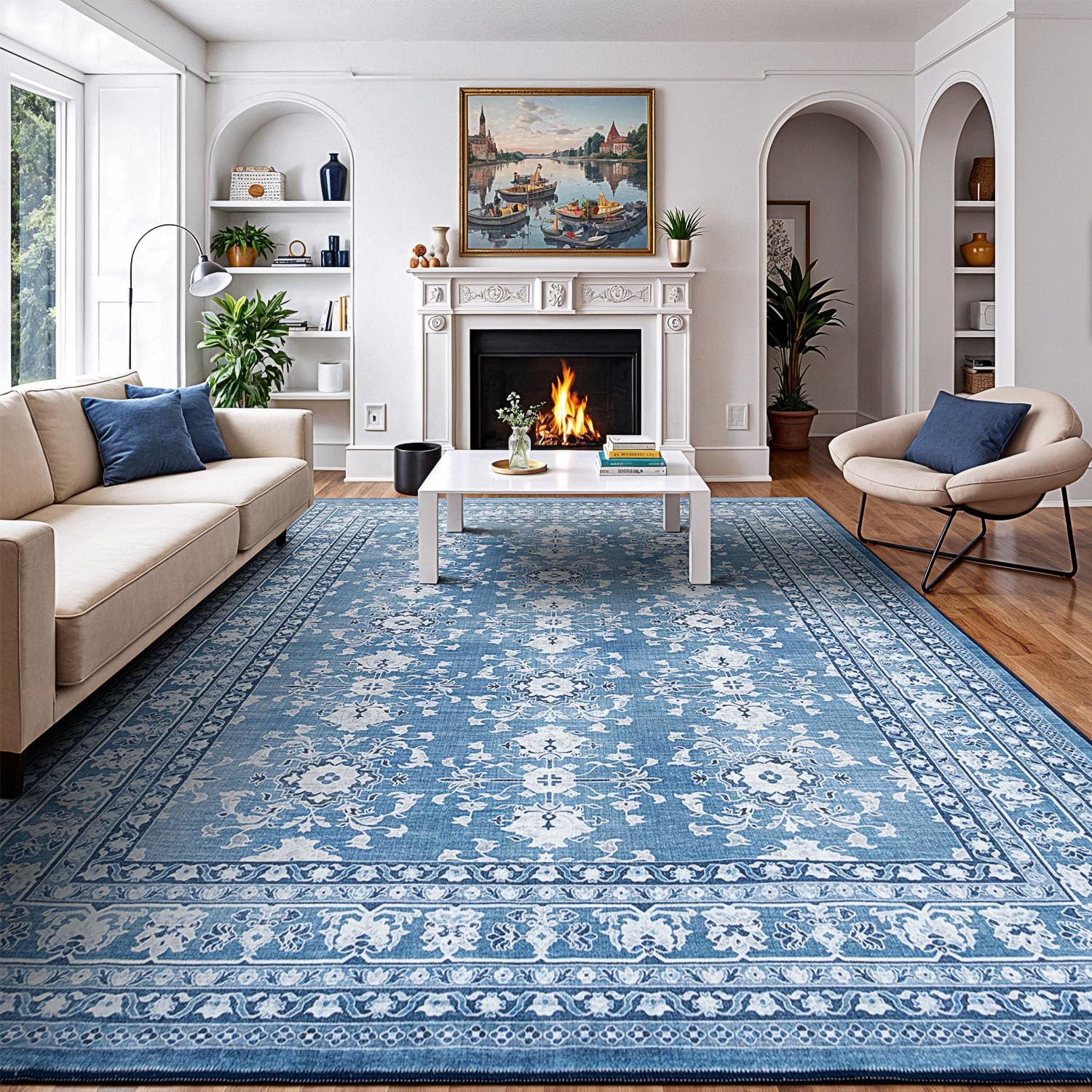 Lessymo 8x10 Area Rugs for Living Room, Machine Washable Non Slip Large Rug, Soft Low Pile Carpet for Bedroom Dining Office, Vintage Blue/White Distressed Floral Floor Decor Blue White 8' x 10' (Rectangular)