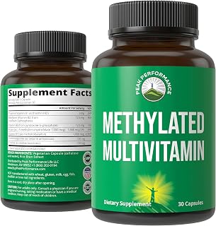 Peak Performance Methylated Multivitamin B Complex Capsules Supplement | Trimethylglycine (TMG), L Methylfolate, Methyl B12 + B1 + B2 + B6 Vitamins + Choline. MTHFR Vegan Supplement for Women & Men