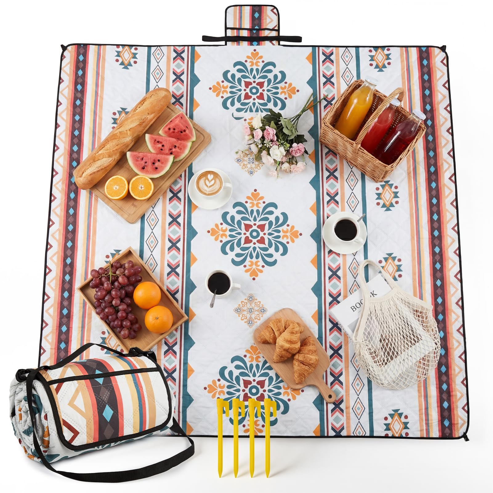 HAUSPROFI Waterproof Picnic Blanket – 200 x 200 cm, Large Picnic Mat with Carrying Handle Foldable Ideal for Camping, Beach, Garden & Outdoor, Machine Washable