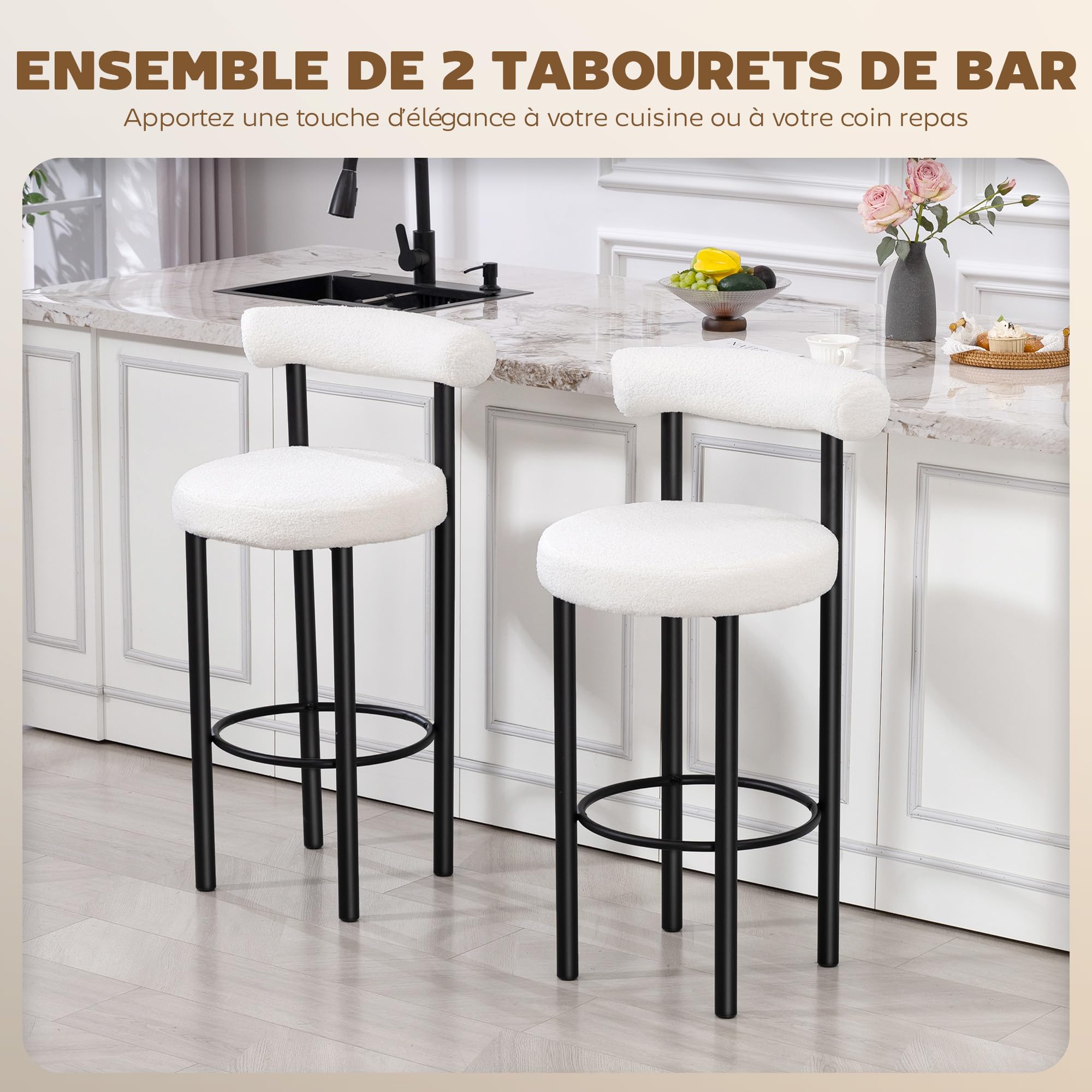 HOMCOM Lot de 2 Tabourets de Bar Tissu Bouclette 50 x 52,5 x 98 cm Blanc