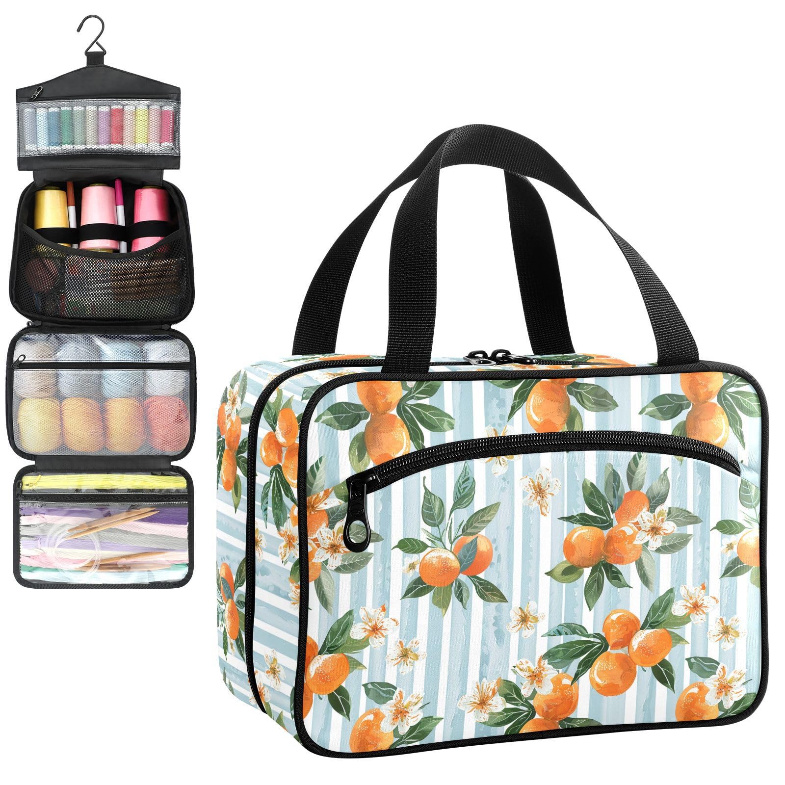 YNNALE Sewing Supply Organizer Bag, Orange Floral Blue and White Striped Portable Sewing Bags with Pockets&Hanger, Sewing Storage Box Case for Sew Supplies/Kit/Tools/Accessories (BAG ONLY)