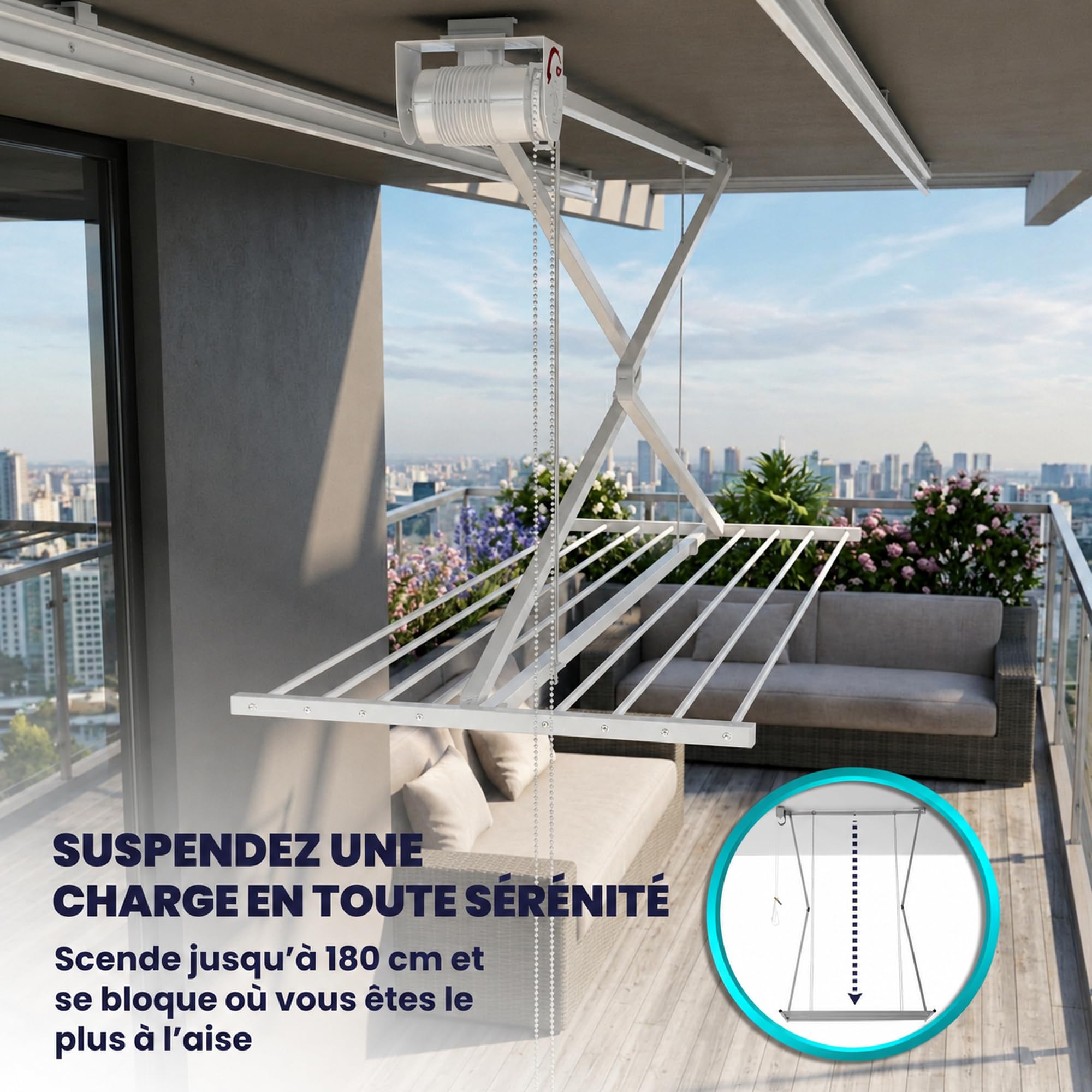 foxydry Mini Étendoir de Plafond, séchoir à Linge Vertical rétractable, Repliable et Extensible pour intérieure et extérieure, étendoir pour Balcon (Blanc, 128 cm)