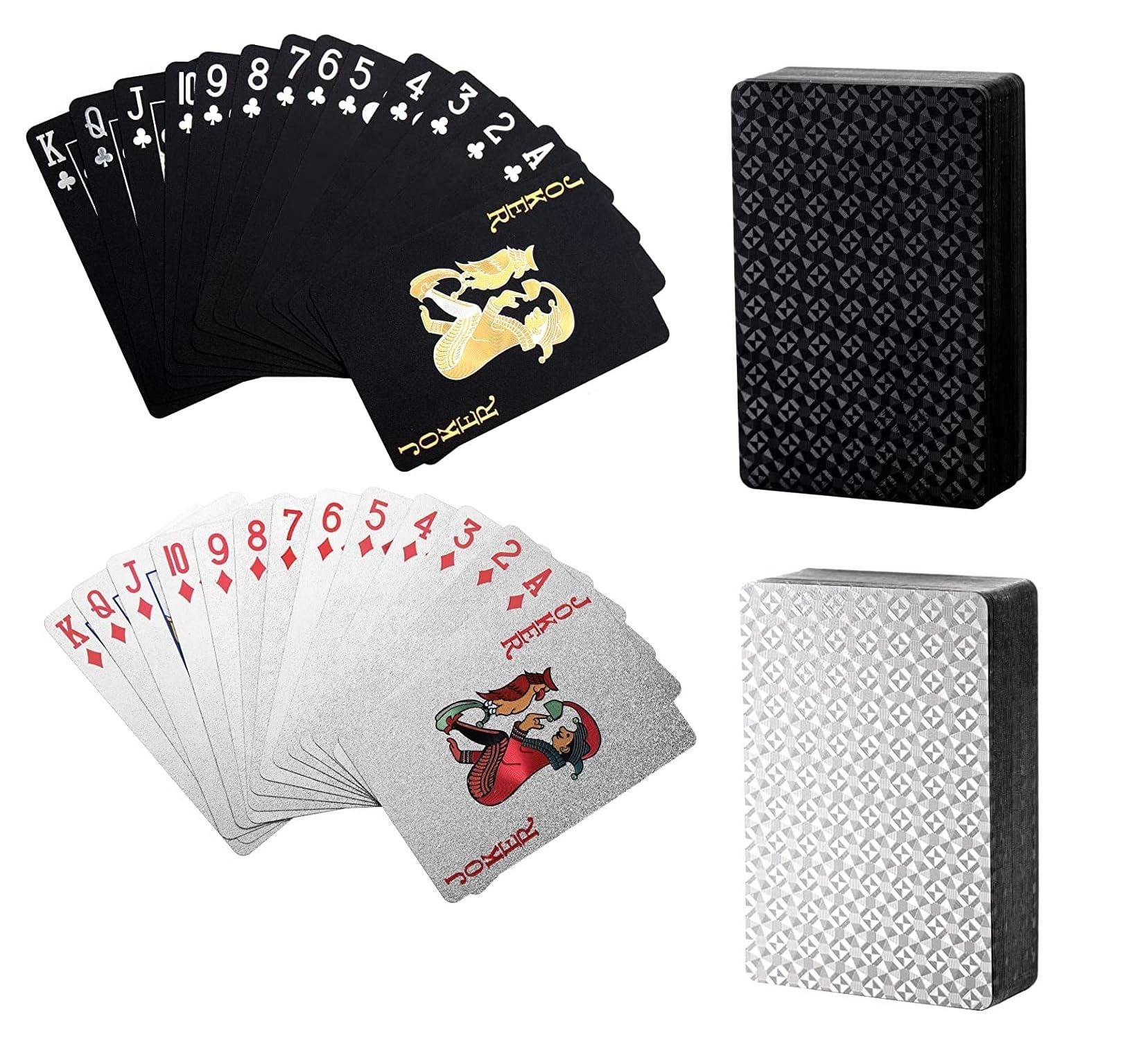 IndusBay® Pack of 2, Black and Silver Playing Cards Deck, Waterproof PVC Plastic Playing Cards, Flexible PokerCards, Party, Home, Picnic Cards