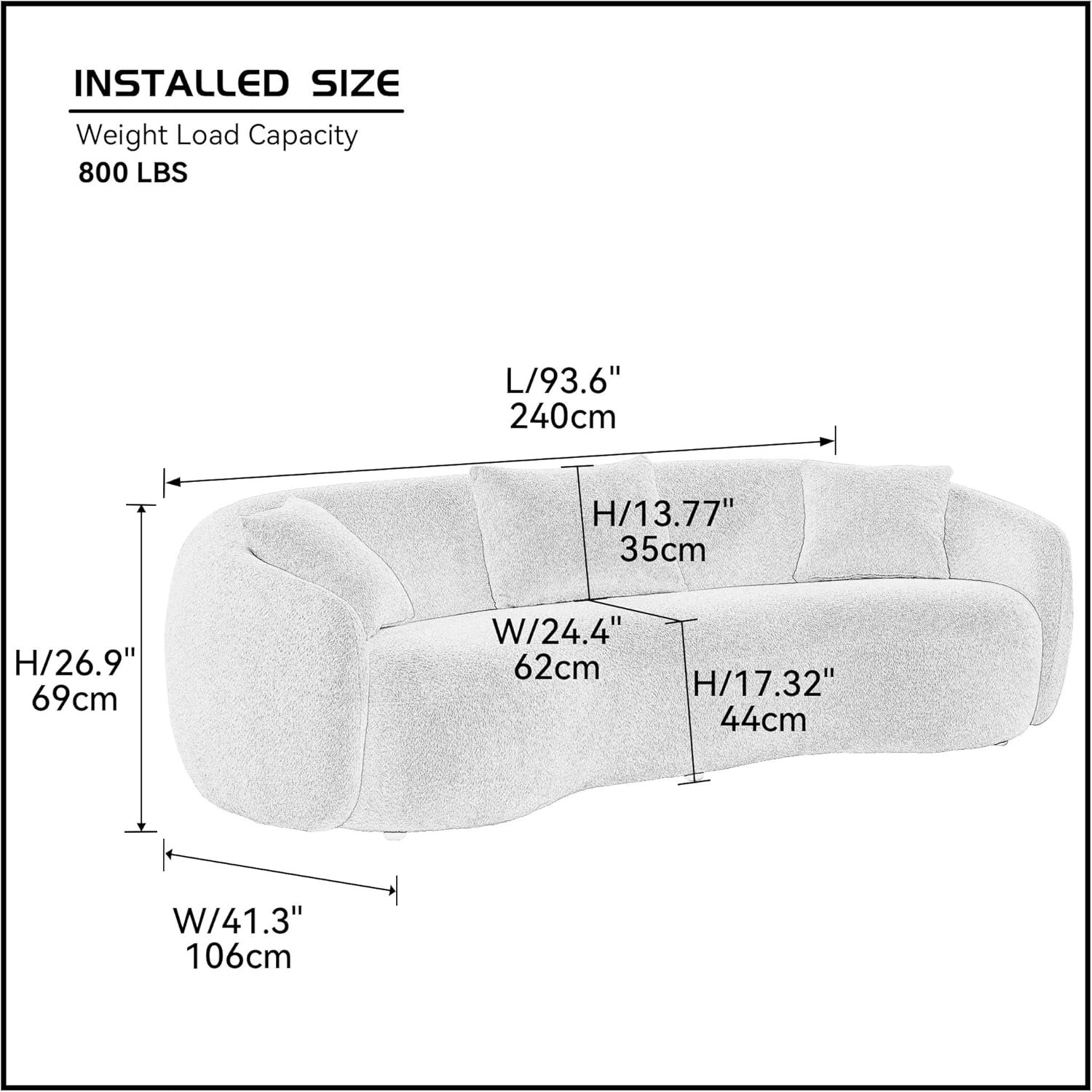 ERYE 4 Seats Teddy Fleece Boucle Freestanding Sofa Modern Half-Moon Comfy Leisure Couch with 3 Perfectly-Scaled Pillows, Oversized Sleek Curved Sofa&Couch for Home Office Apartment Living Room