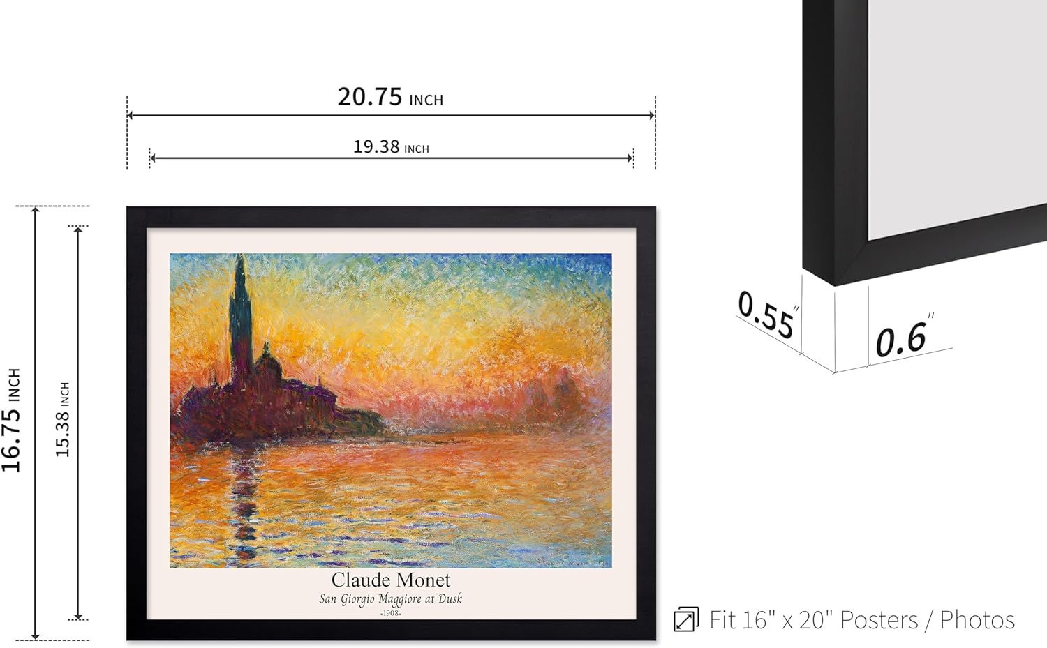 Poster Master Vintage Claude Monet Poster - Retro San Giorgio Maggiore at Dusk Print - Fine Art - Classic Painting Illustration - Office or Living Room Wall Decor - 16x20 Black Framed