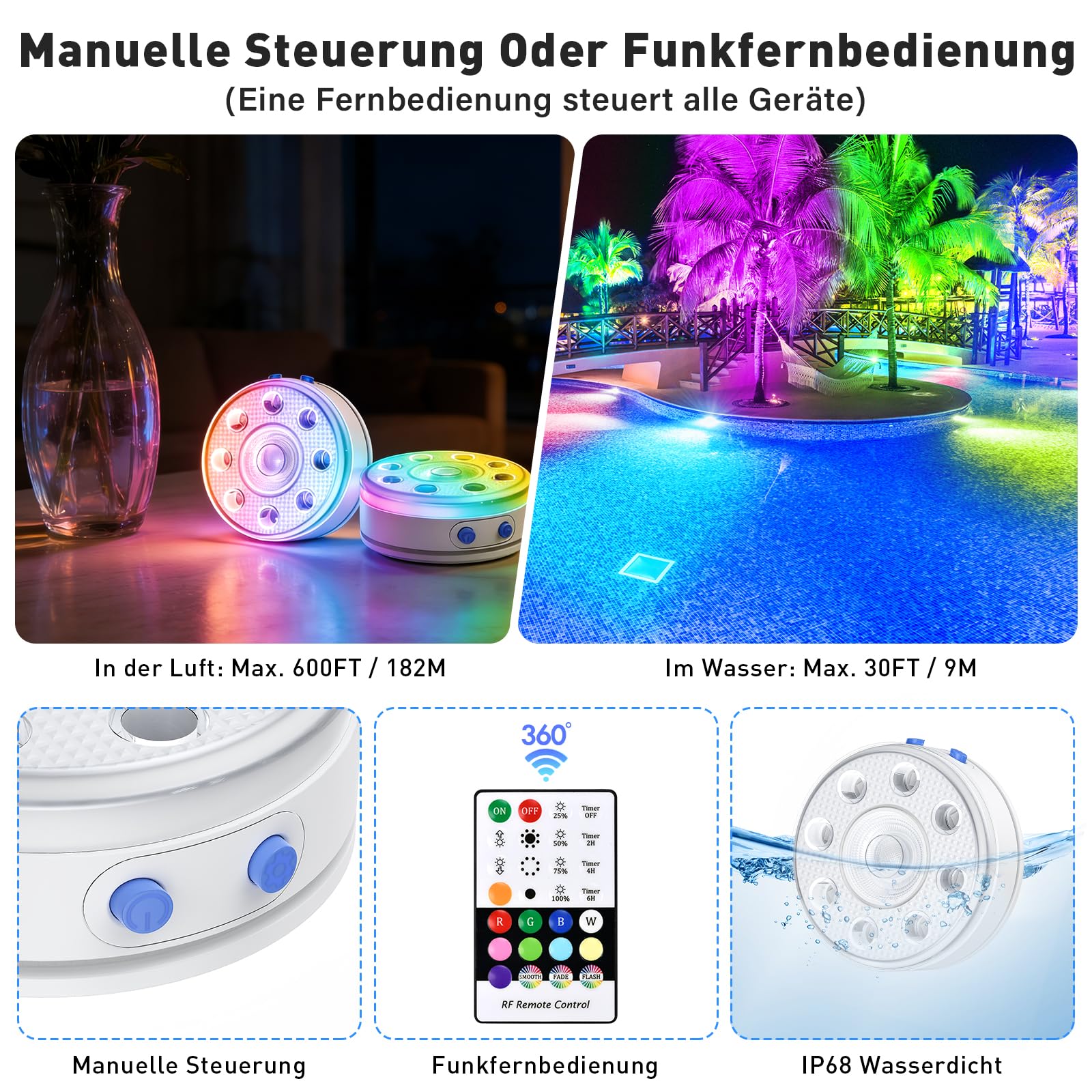 Poolbeleuchtung Unterwasser Licht mit Fernbedienung, RGB LED Schwimmende Pool Magnetisch Beleuchtung, Pool Lichter für Schwimmbad Teichbeleuchtung Brunnen Teich Aquarium Party Deko, 2 Stück