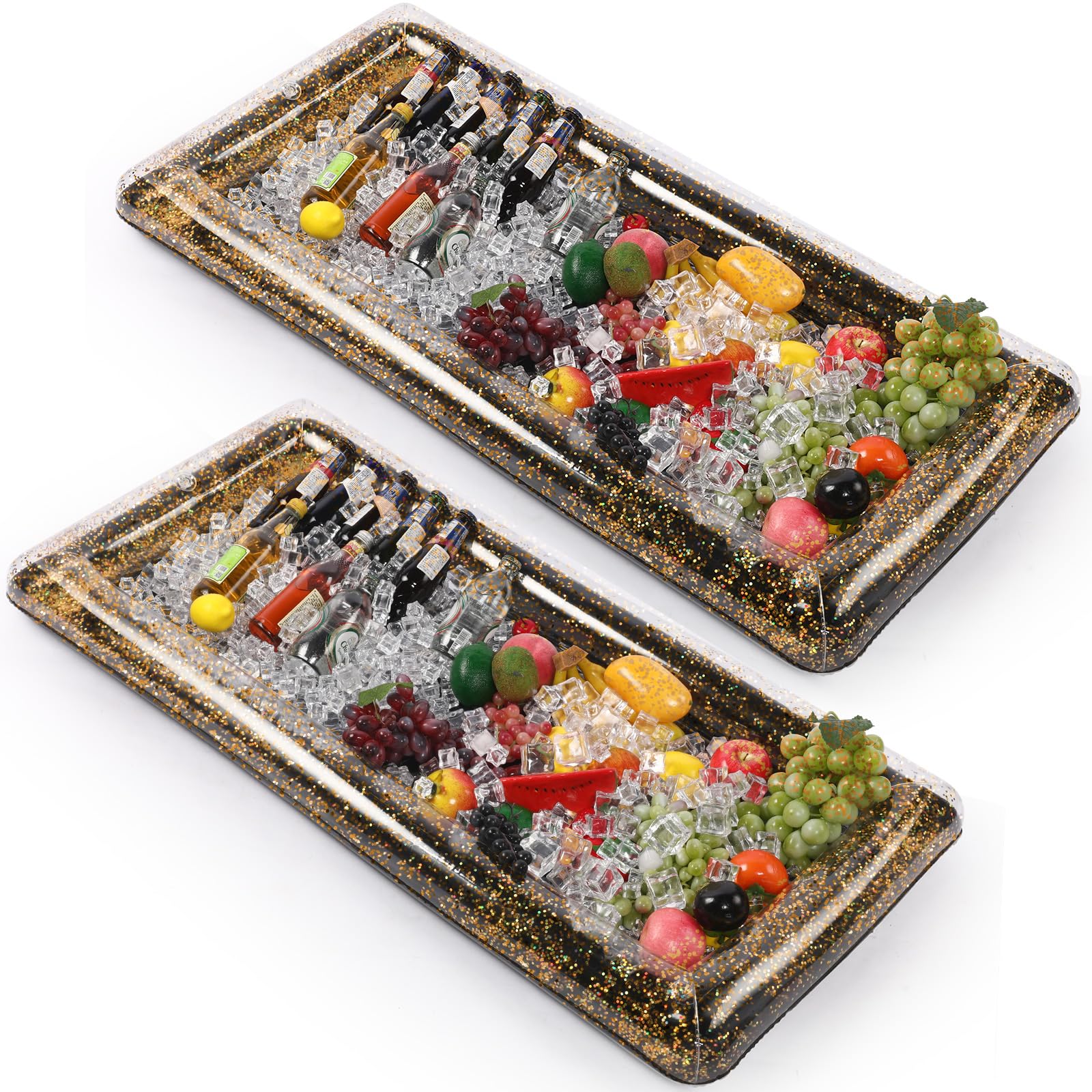 Photo 1 of 2 Pieces Inflatable Serving Bar Glittering Confetti Food Cooler Buffet with Drain Plug, Inflatable Ice Serving Bar for Food and Drinks for Pool and Outdoor Events(Black)