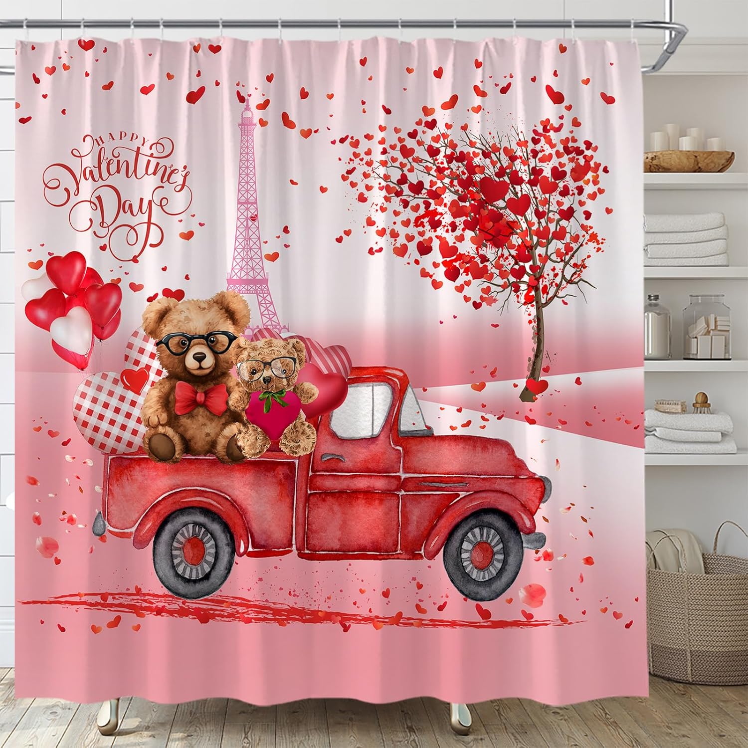 Happy Valentines Shower Curtain Red Heart Love Tree Cute Bear Romantic Lover Couple Fabric Bathroom Decor Set Include Hooks,(78" Wx70 H)