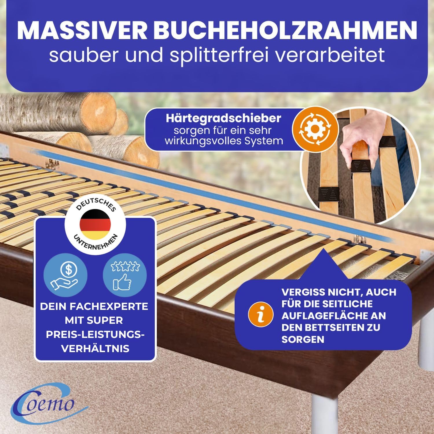 Coemo Stabiler 7-Zonen Lattenrost Basic | Lattenrahmen starr 140 x 200 cm | 28 Leisten | Duo-Kappen | Härtegrad-Regulierung 4-Fach einstellbar | Bettrahmen Buche Rahmen | Made in Europe
