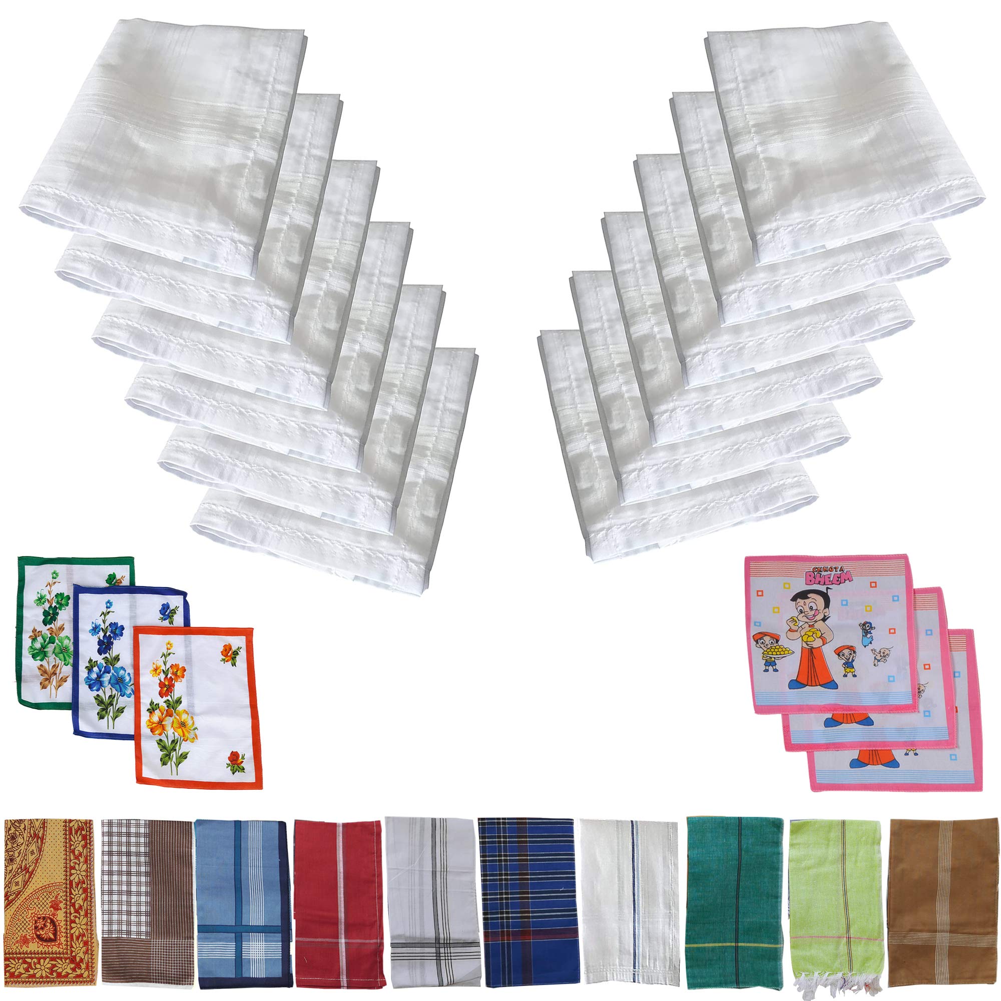 SAI PRASEEDA 100% Pure Soft Cotton Hand Kerchief_Hanky Multi Color Pack of 12 with Free 3 Ladies Kerchief_3 Kids Kerchief SP4-picture-49