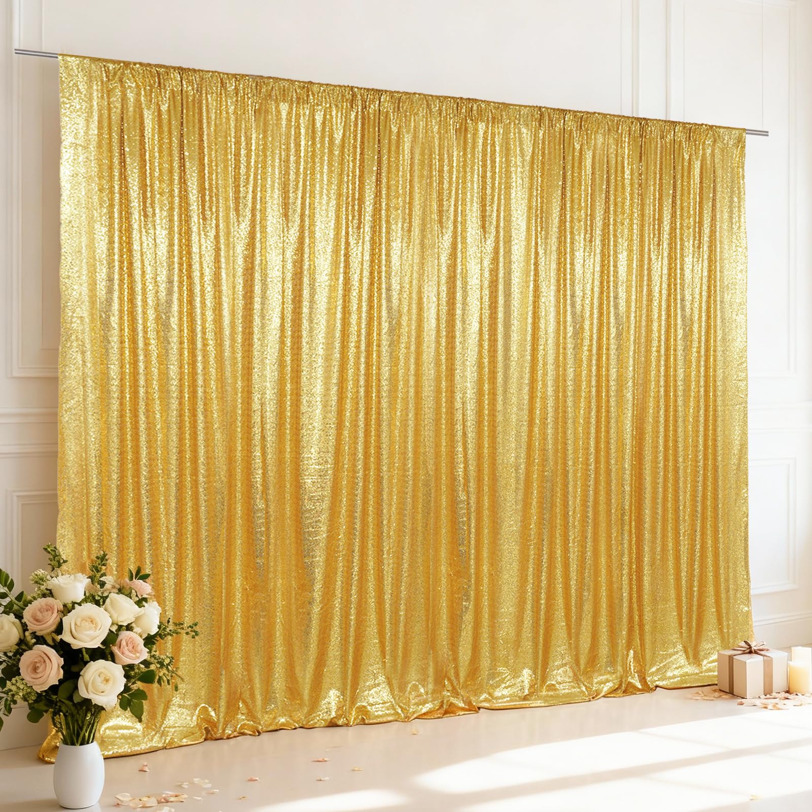 SquarePie Sequin Backdrop Curtain Not See Through Background for Wedding Party 10FT x 10FT Gold