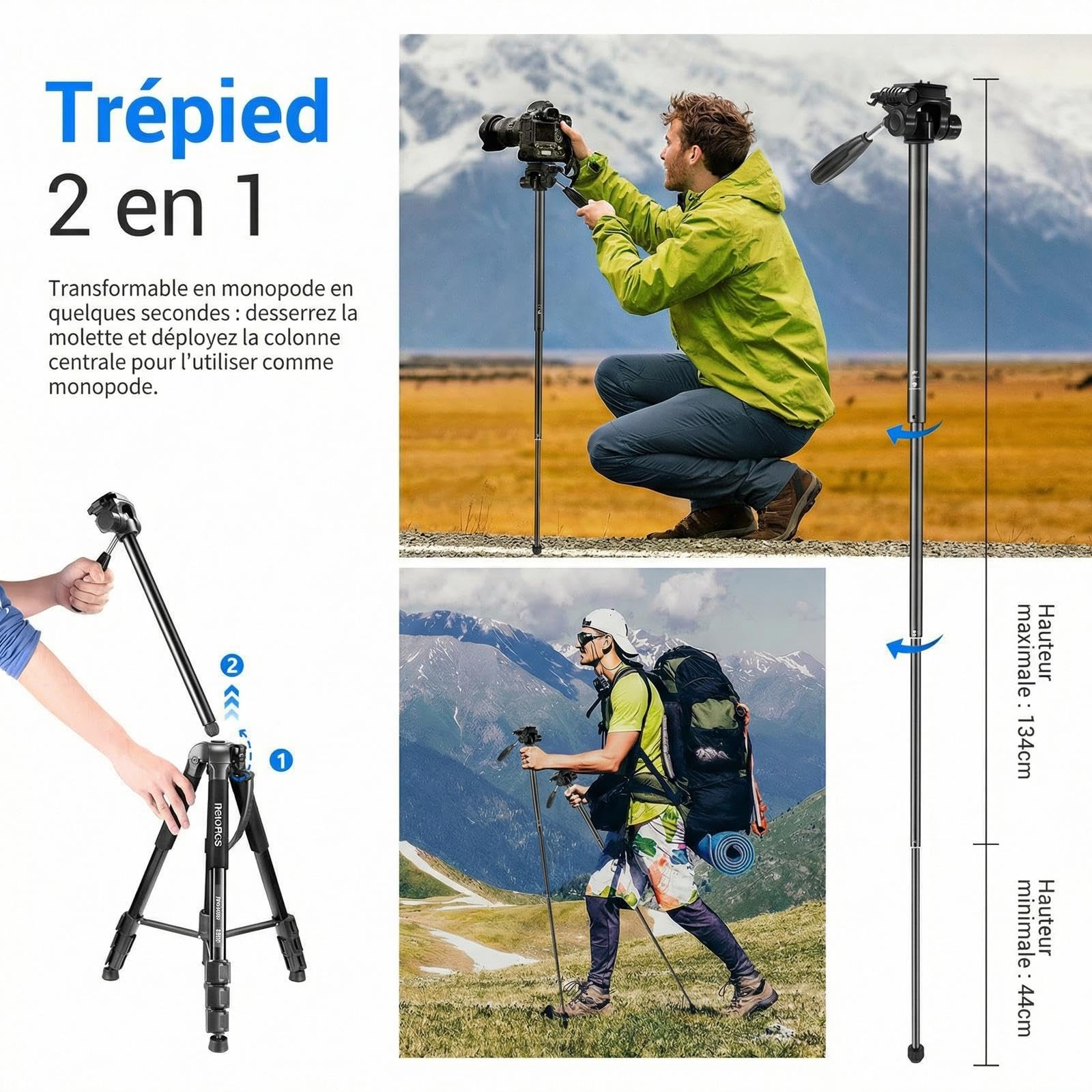 NEEWER 2 en 1 Trépied et Monopode pour Appareil Photo, trépied Voyage Portable en Alliage d'aluminium de 177cm avec tête panoramique pivotante 3 Directions, Compatible avec Canon, Nikon, Sony,SAB264