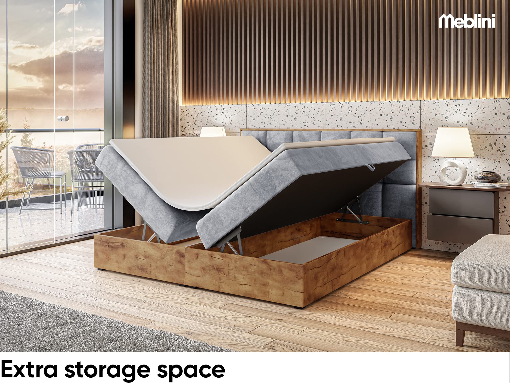 MEBLINI Boxspringbett mit Bettkasten - Gepolstert Doppelbett mit Matratze und Topper - Polsterbett mit Stauraum - Bett mit Kopfteil - Stauraumbett - Lofty 1-160x220 - H4/Hellgrau Samt