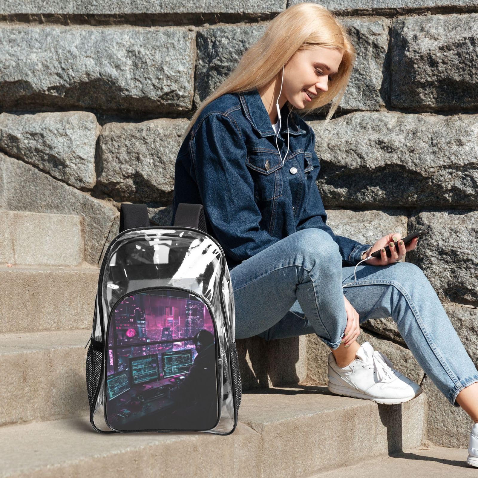 Hacker Era Print 3-teiliges transparentes Rucksack-Set für Reisen, Outdoor-Abenteuer, Urlaub, transparente Tasche