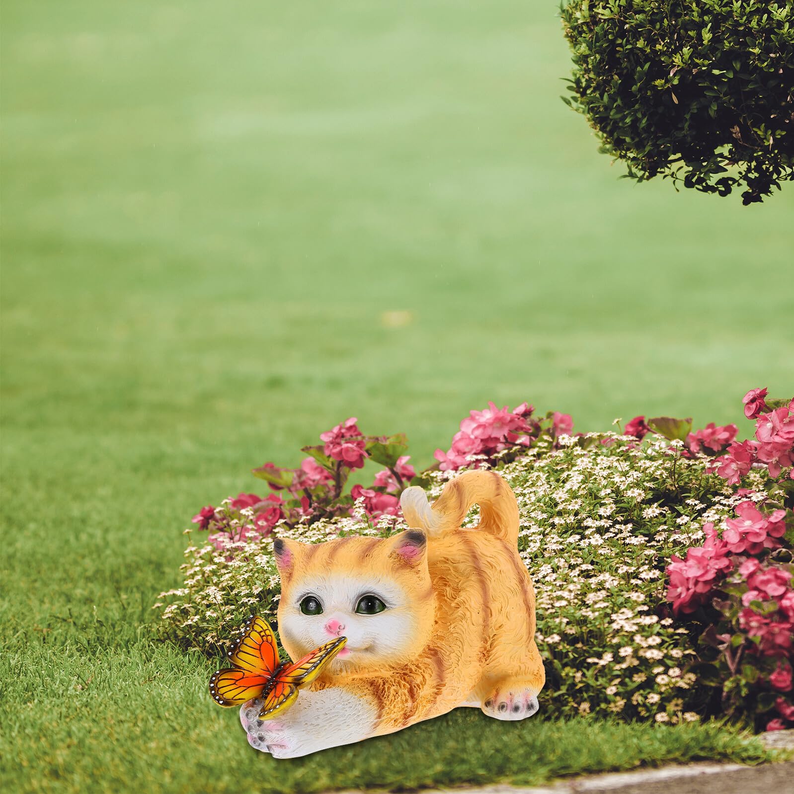 Artibetter Solarbetriebene Katzenfigur aus Kunstharz für Garten, Gelb | Realistische Form, Dekorativ für Außenbereiche, Detailreiches Tiermotiv für Sammler und Katzenliebhaber