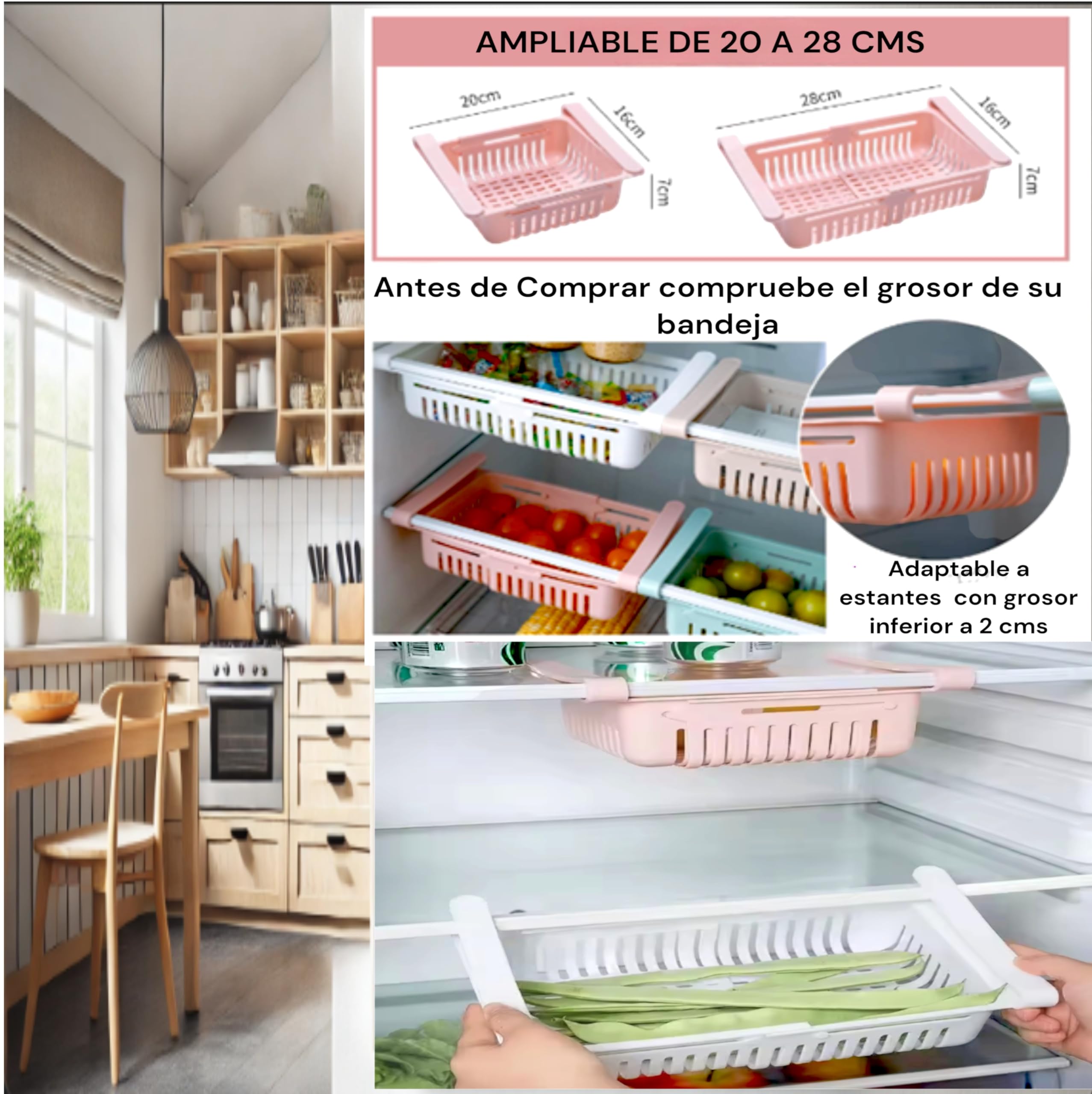 Pack 4 unid - Cesto colgante - Almacenamiento en neveras - Contenedores de almacenamiento - Organizador de nevera - Cestas colgantes para refrigerador - Organizador de alimentos Frescos.