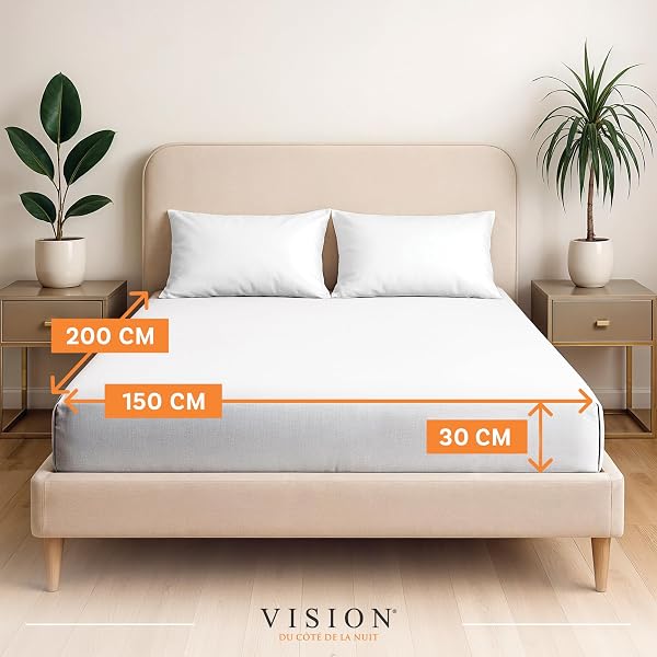 VISION Sábana Ajustable - 100% algodón - Cama Doble (150 x 200 cm) - Esquinas elásticas - Se Adapta a colchones de hasta 30 cm - Certificación Oeko-Tex - Lavable a máquina - Color: Blanco - 2