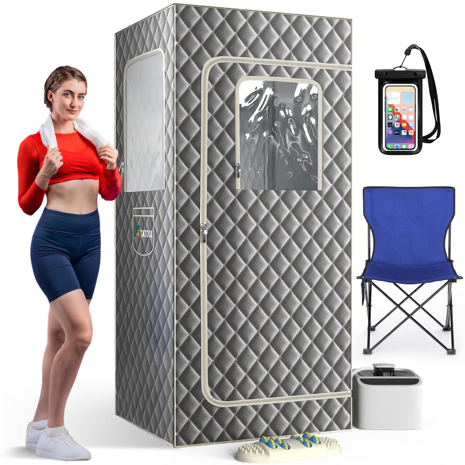 Portable Steam Sauna Box, Cotton Thicken Full Size Personal Sauna Tent Kit for Home Spa, Indoor Sauna Relaxation with 2.6L & 1000 Watt Steam Generator, Remote Control, Chair, Foot Rest, Mat