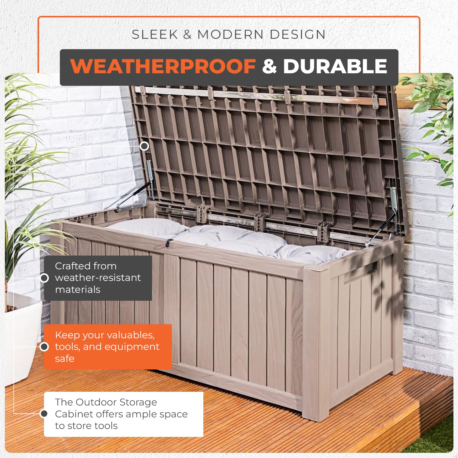 Grande boîte de rangement d'extérieur avec couvercle verrouillable – Résine ou polypropylène résistant aux intempéries – 118 L à 880 L – Coffre étanche pour terrasse, jardin, garage