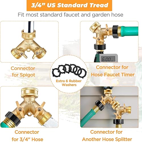 Miniatura 3 de IPOW Divisor de manguera de jardín de 2 vías resistente con asas mejoradas, grifo de agua de latón macizo, manguera divisora en Y, adaptador de