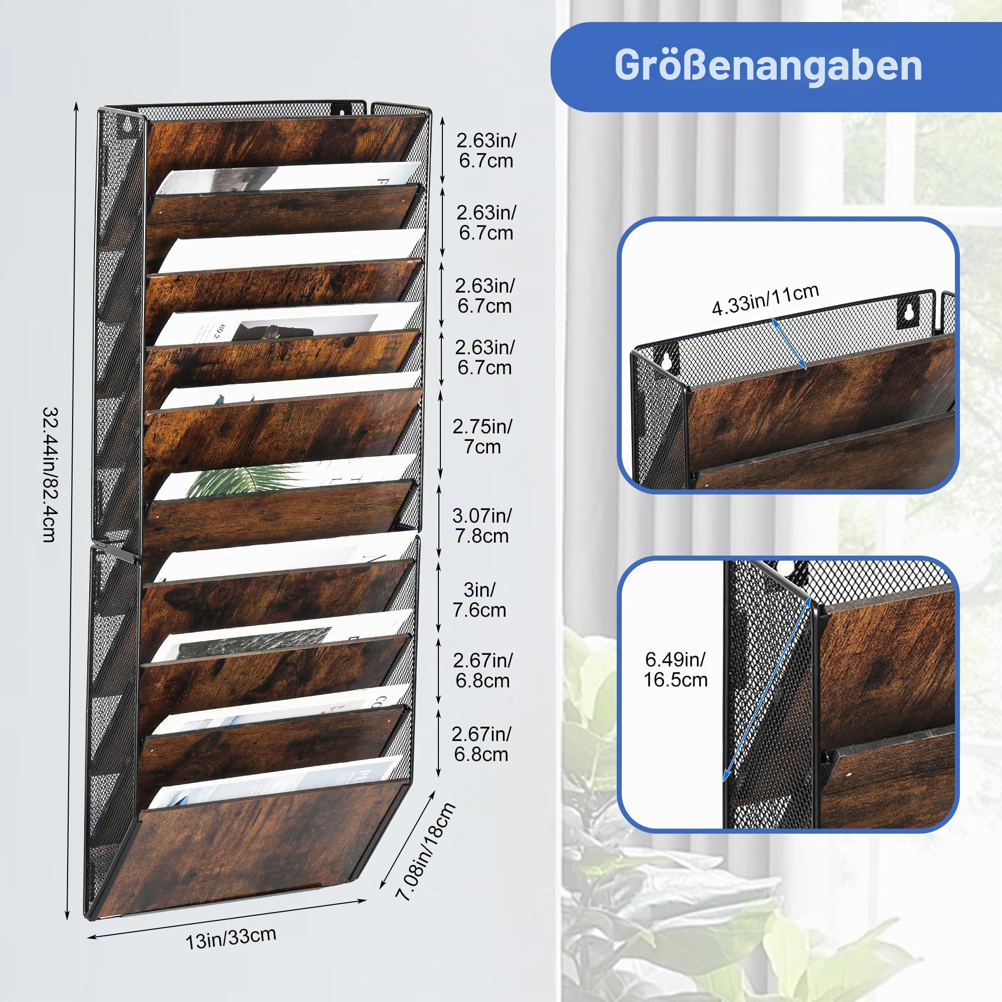 Zeitungshalter Wand aus Holz mit 10 Fächern Metall Zeitungsständer Hängeregister Wandablagefächer A4 Papier Dokumentenablage Büro Schule Ablage Organizer, Schwarz/Antik