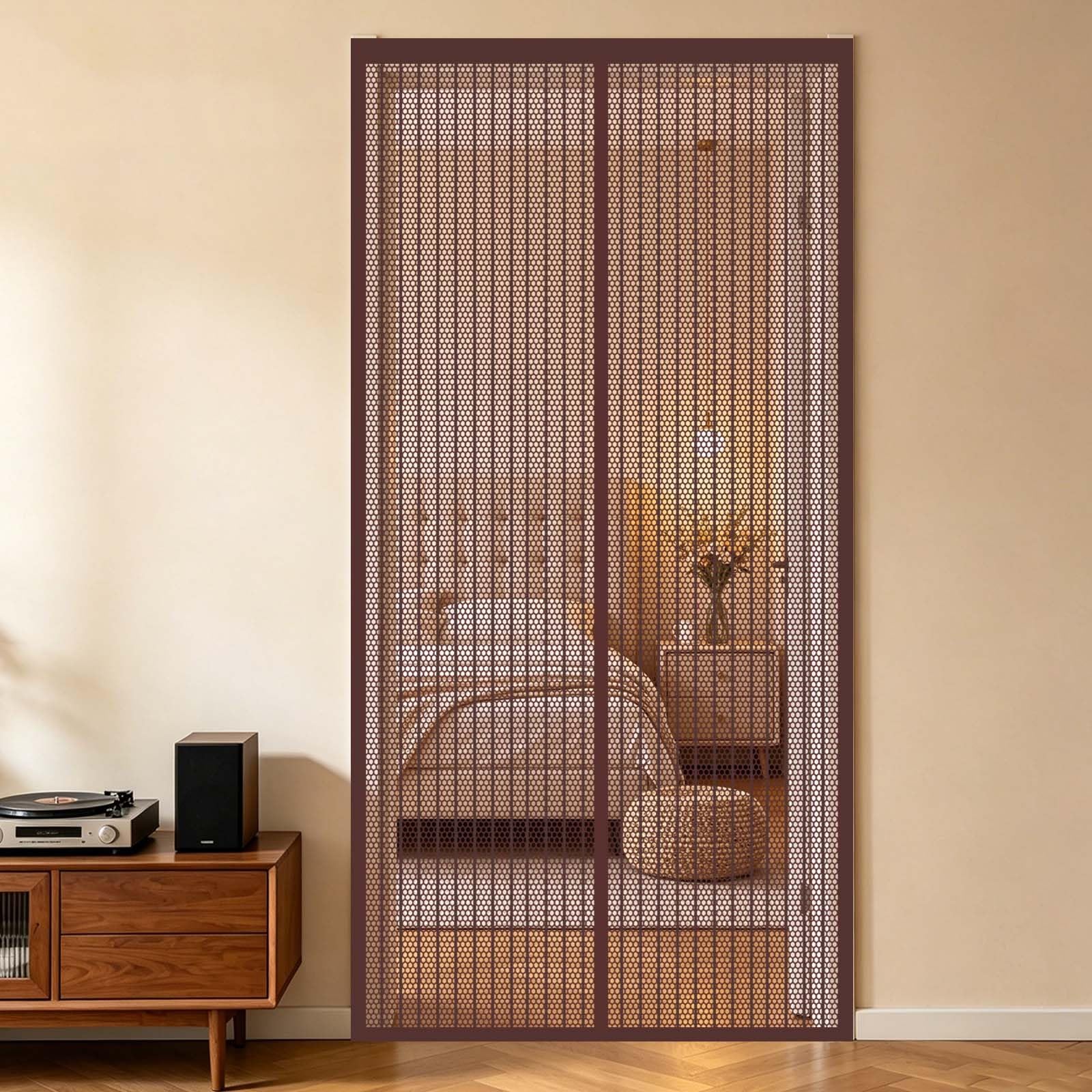 Fly Screen Door 82 x 184 cm Full Frame Magic Tape, Magnet Silent Closure, No Punching Reinforced Polyester Heavy Duty Fly Net for Door Magnetic for Kitchen Bedroom, Brown