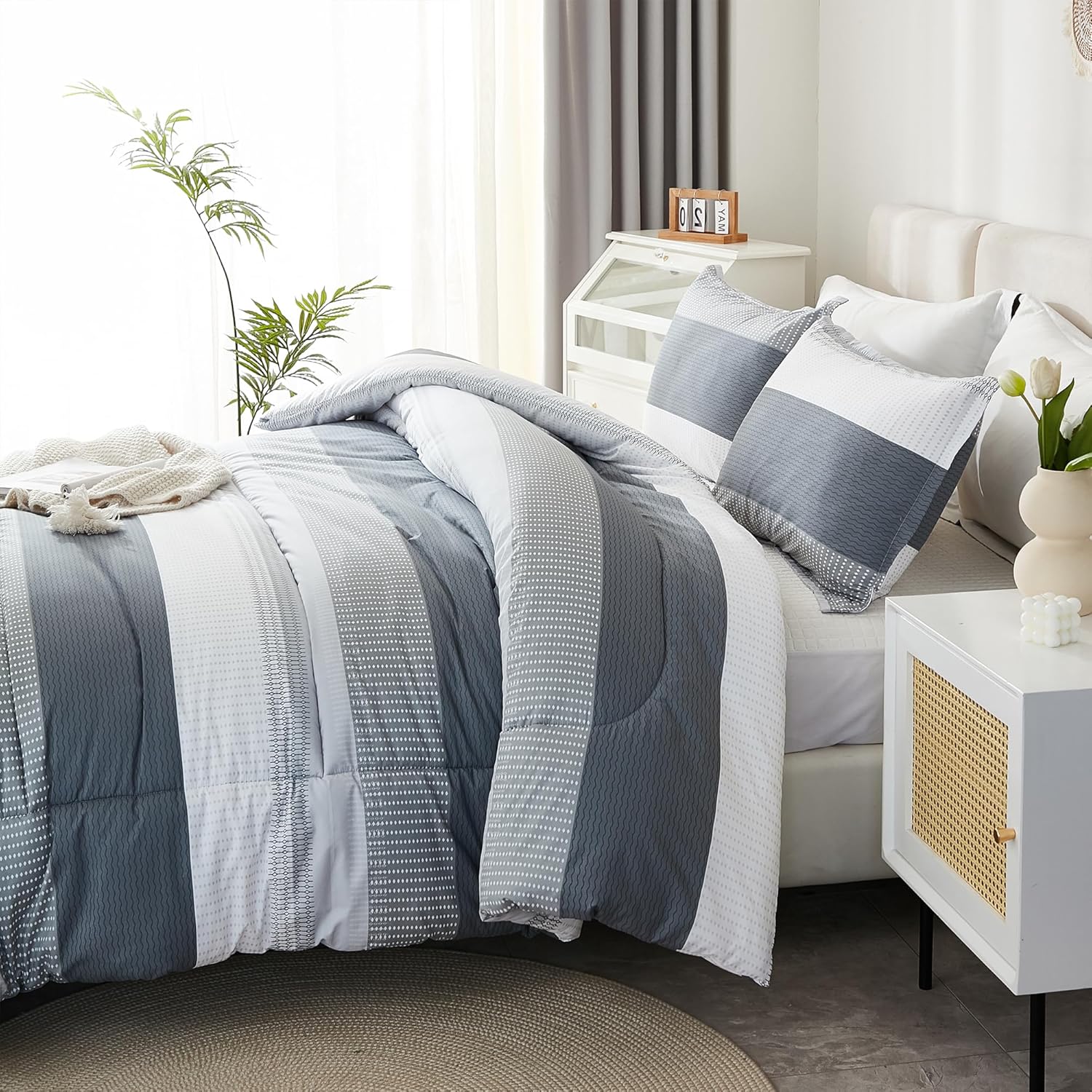 Litanika Comforter King Size Bed Set Light Grey - 3 Pieces Lightweight Bedding Comforter Sets Gray White Colorblock Stripe Fluffy All Season Bed Set - Image 3