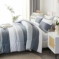 Vista 3 de Litanika Juego de edredón tamaño Queen, color gris claro, 3 piezas, ligero, gris y blanco, a rayas, esponjoso, juego de cama para todas