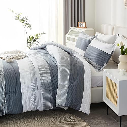 Miniatura 3 de Litanika Juego de edredón de tamaño King, color gris claro, juego de edredón ligero de 3 piezas, color gris y blanco, a rayas, esponjoso, para todas