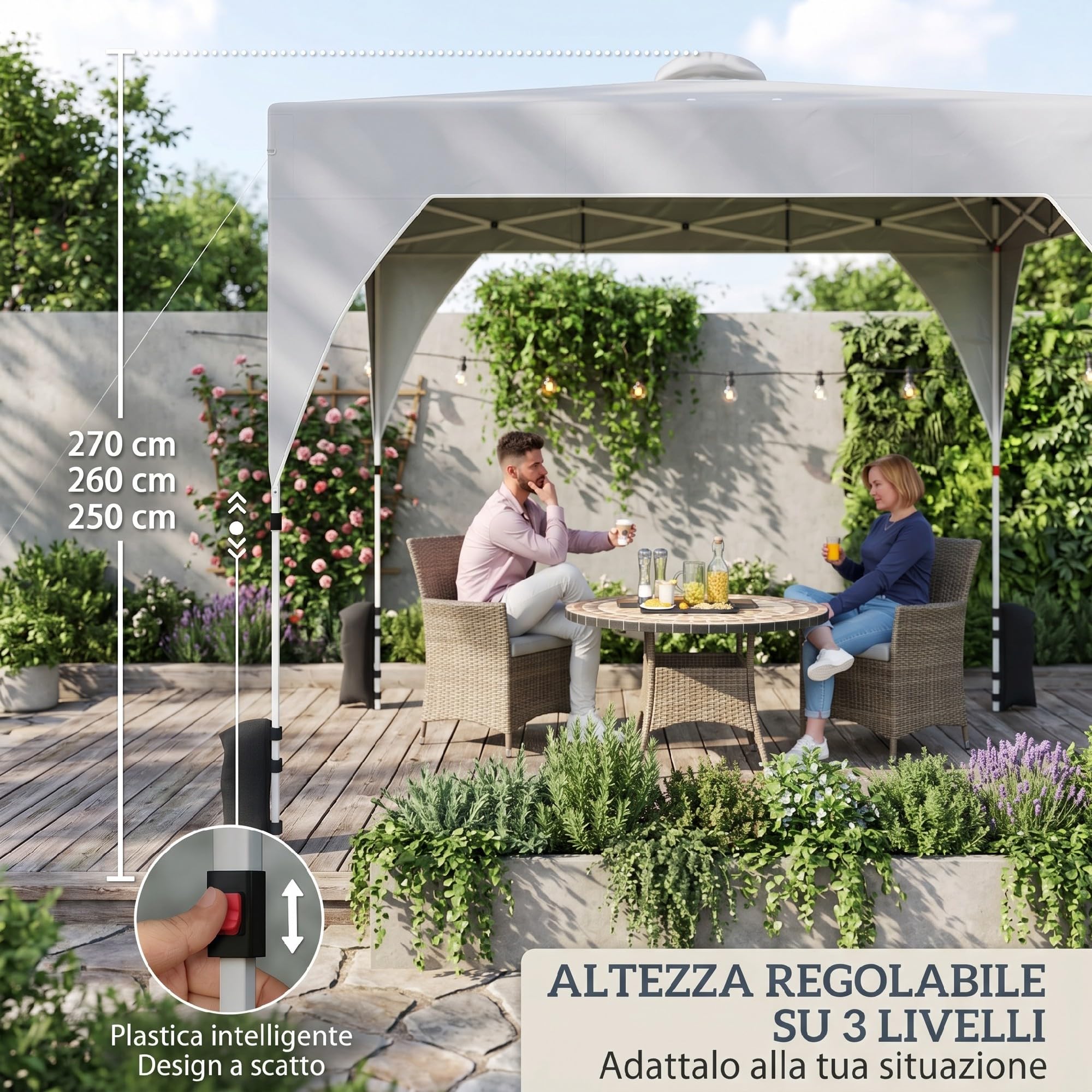 Outsunny Gazebo Pieghevole 3x3m Pop Up con Pulsante Centrale Grigio Scuro | Facile da Montare, Gazebo da Giardino, Altezza Regolabile, Prese d'Aria, Sacchi di Sabbia, Borsa, UV50+, Feste Esterno