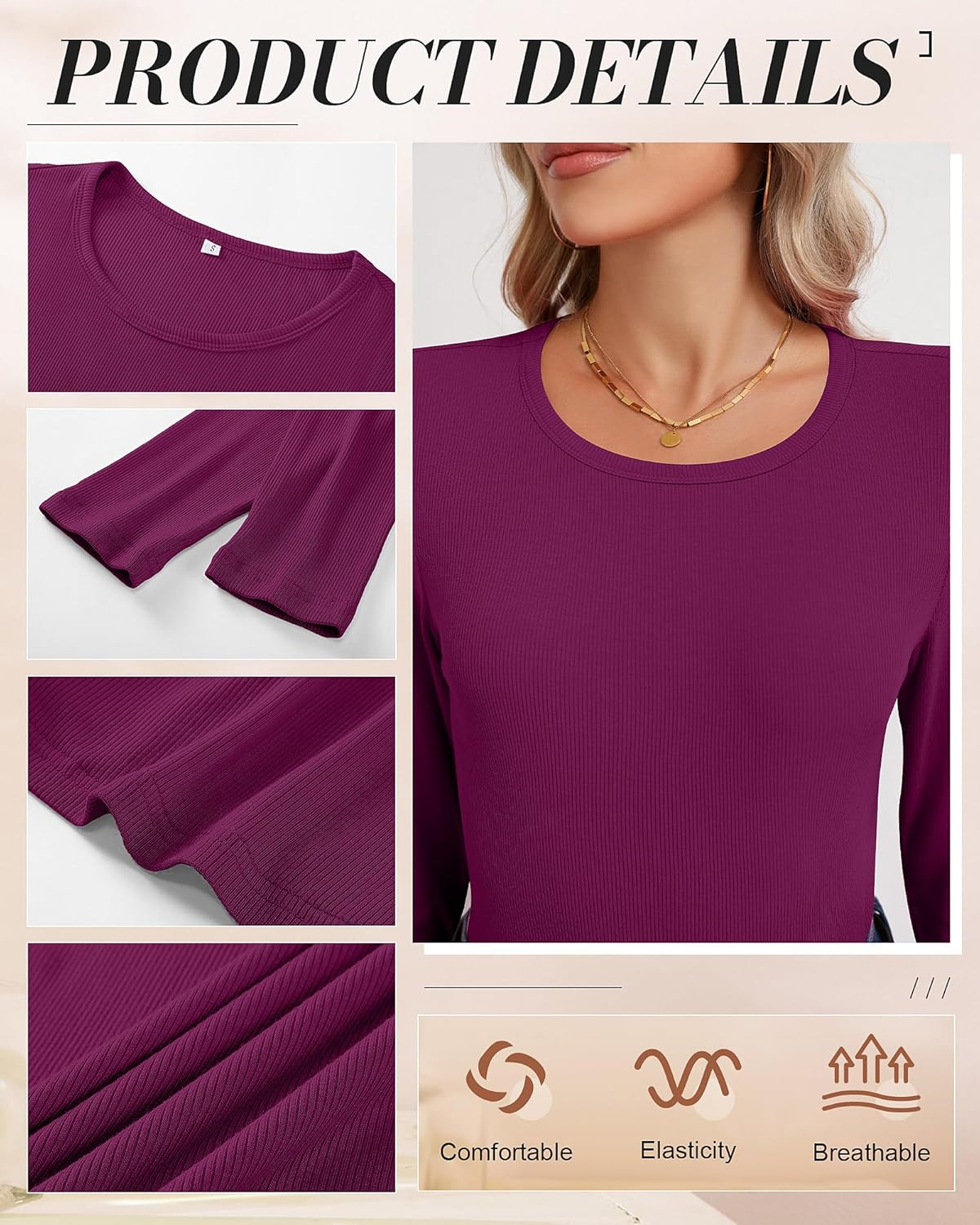 Ficerd 3 Pack Women's Ribbed Long Sleeve Tops, Crew Neck Slim Fit Undershirts Knit Basic Casual Stretch Layering Tee Shirts - Image 5