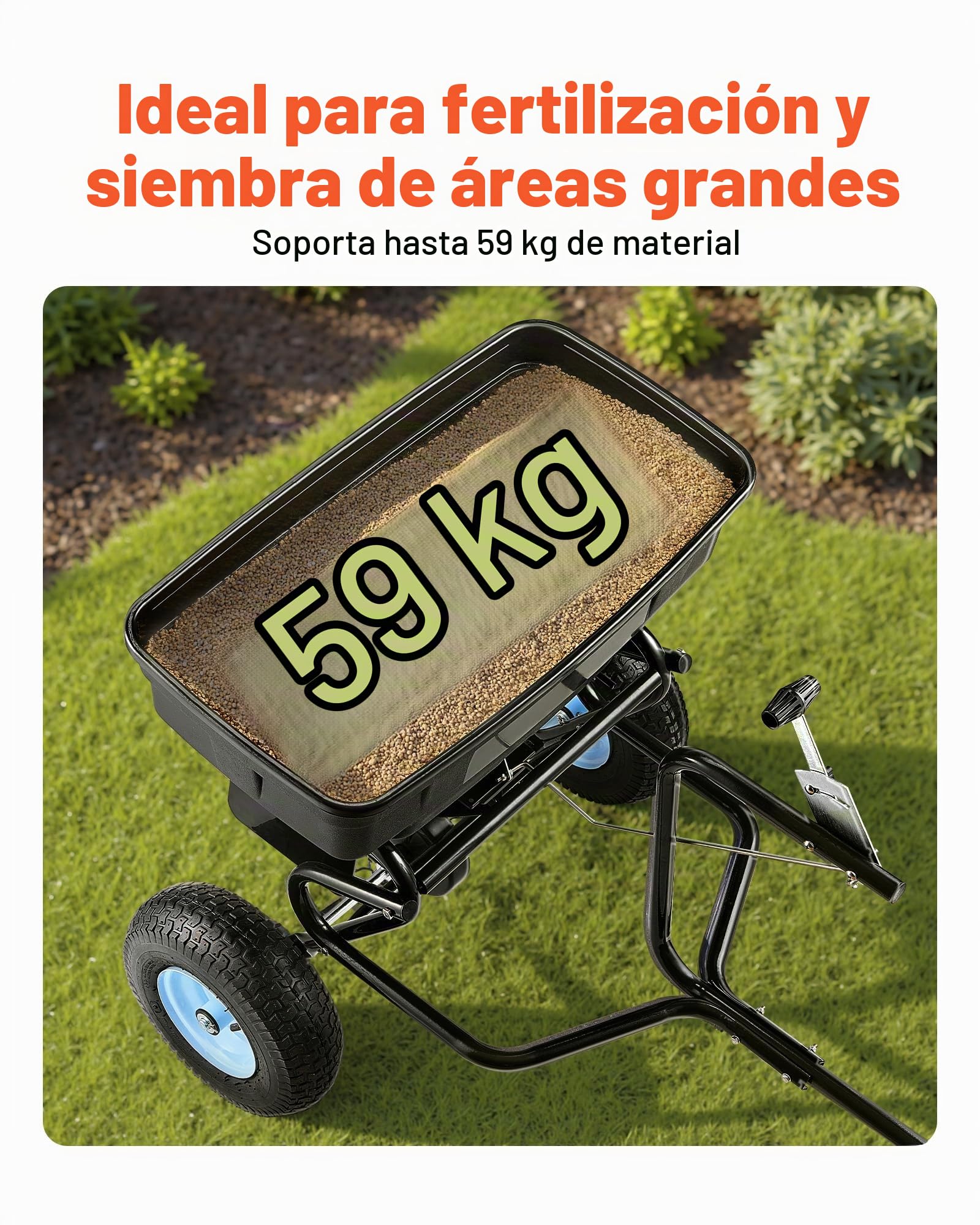 VEVOR Esparcidor de Empuje Manual Capacidad de 59 kg, Esparcidor de Compost con Rejilla de Tolva y Ruedas, Ancho de Esparcimiento de 0 a 3 m para Semillas y Fertilizantes, para Jardín, Césped