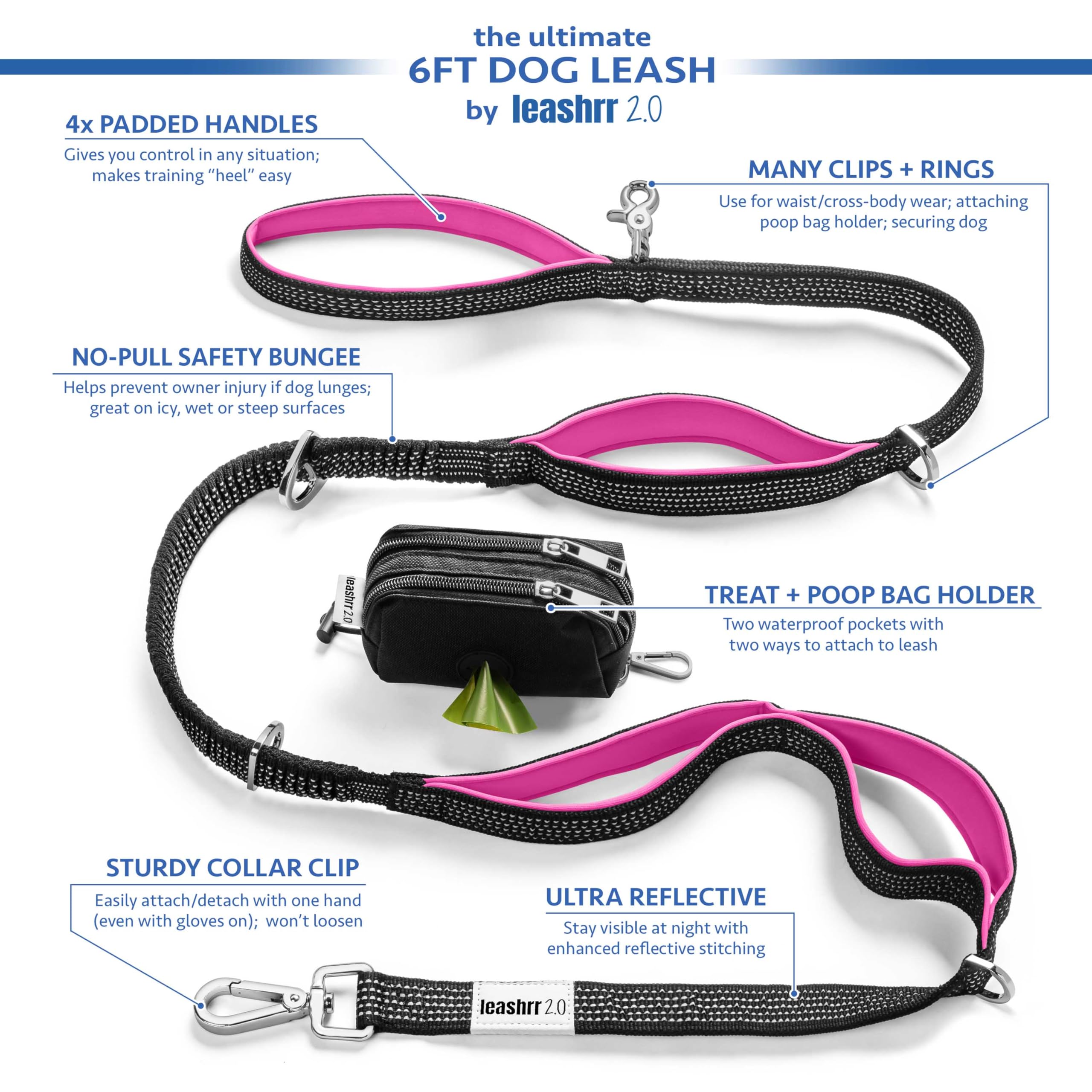 Leashrr 2.0 - Correa para perro sin tirones, resistente, 6 pies, manos libres, cintura, entrenamiento, elástica, 4 asas acolchadas, soporte para bolsa de excrementos, bolsa de golosinas, clip de
