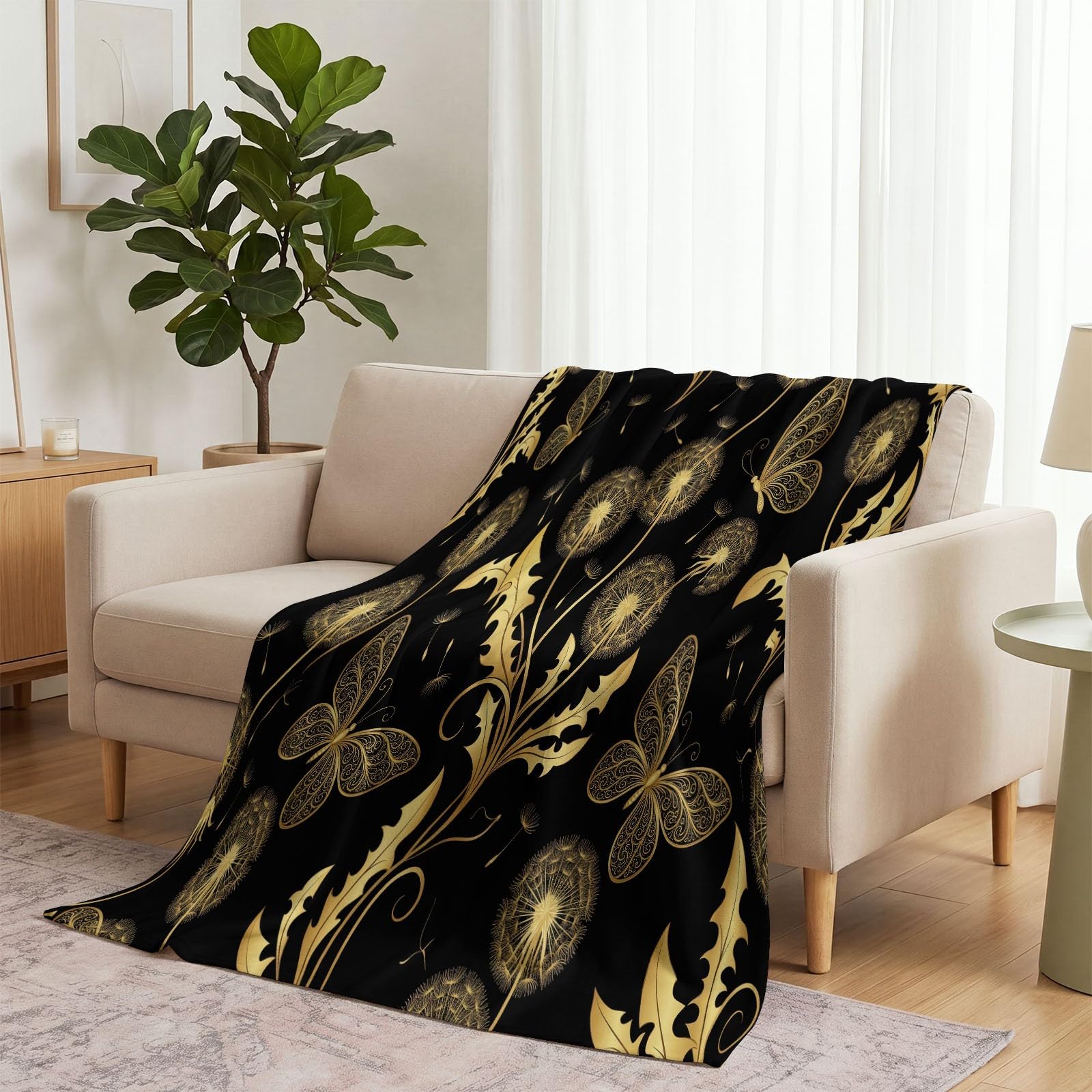 Kuscheldecke 180x220 cm Wohndecke - Vintage Pflanze Löwenzahn Flanell Decke, Flauschig Weich Warme Fleecedecke - Glamour Schmetterling Kinderdecke Schwarz Sofadecke, Geschenkidee für Jungen Mädchen