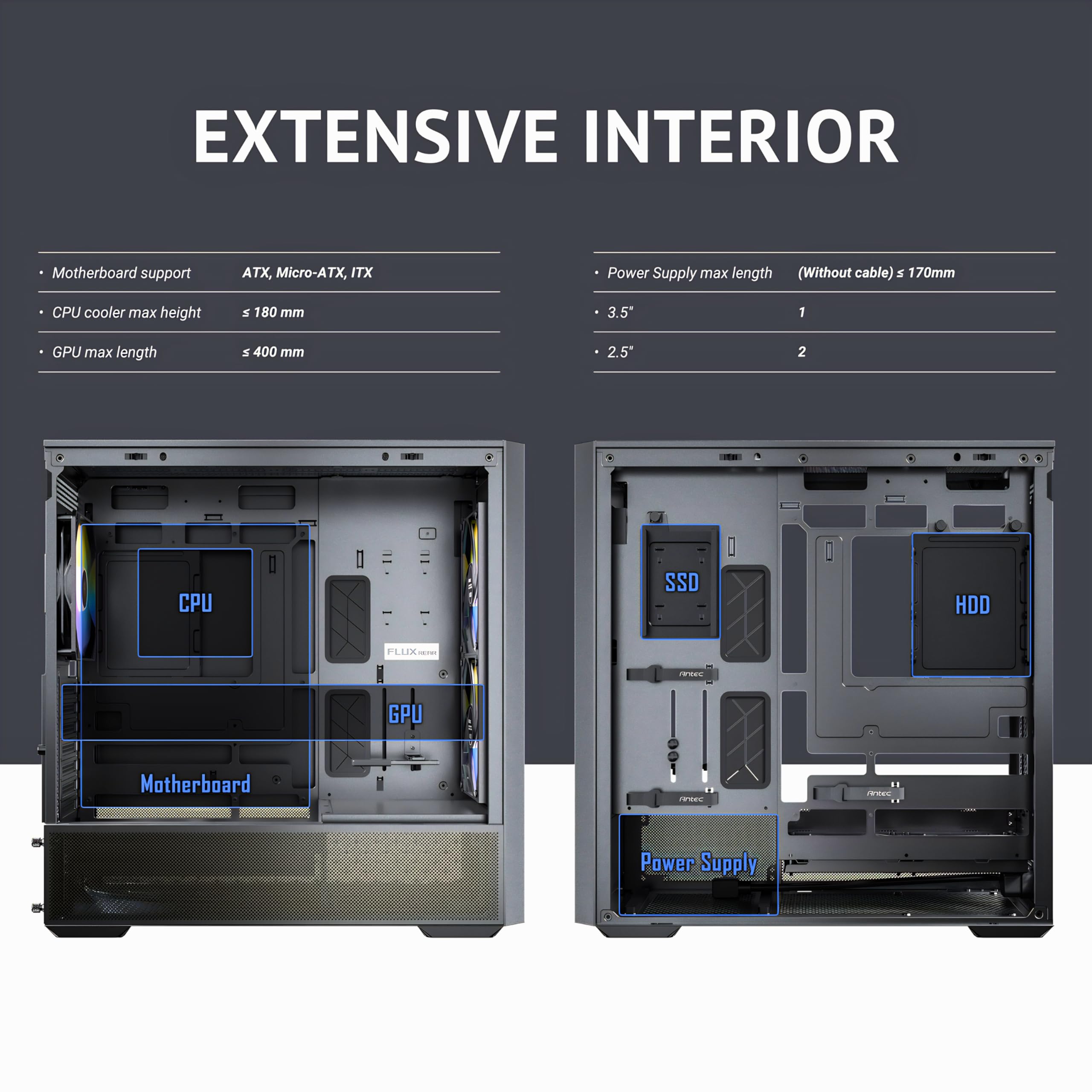 ANTEC Flux Rear ATX/Micro-ATX/ITX Boîtier Midi Tower PC, Noir