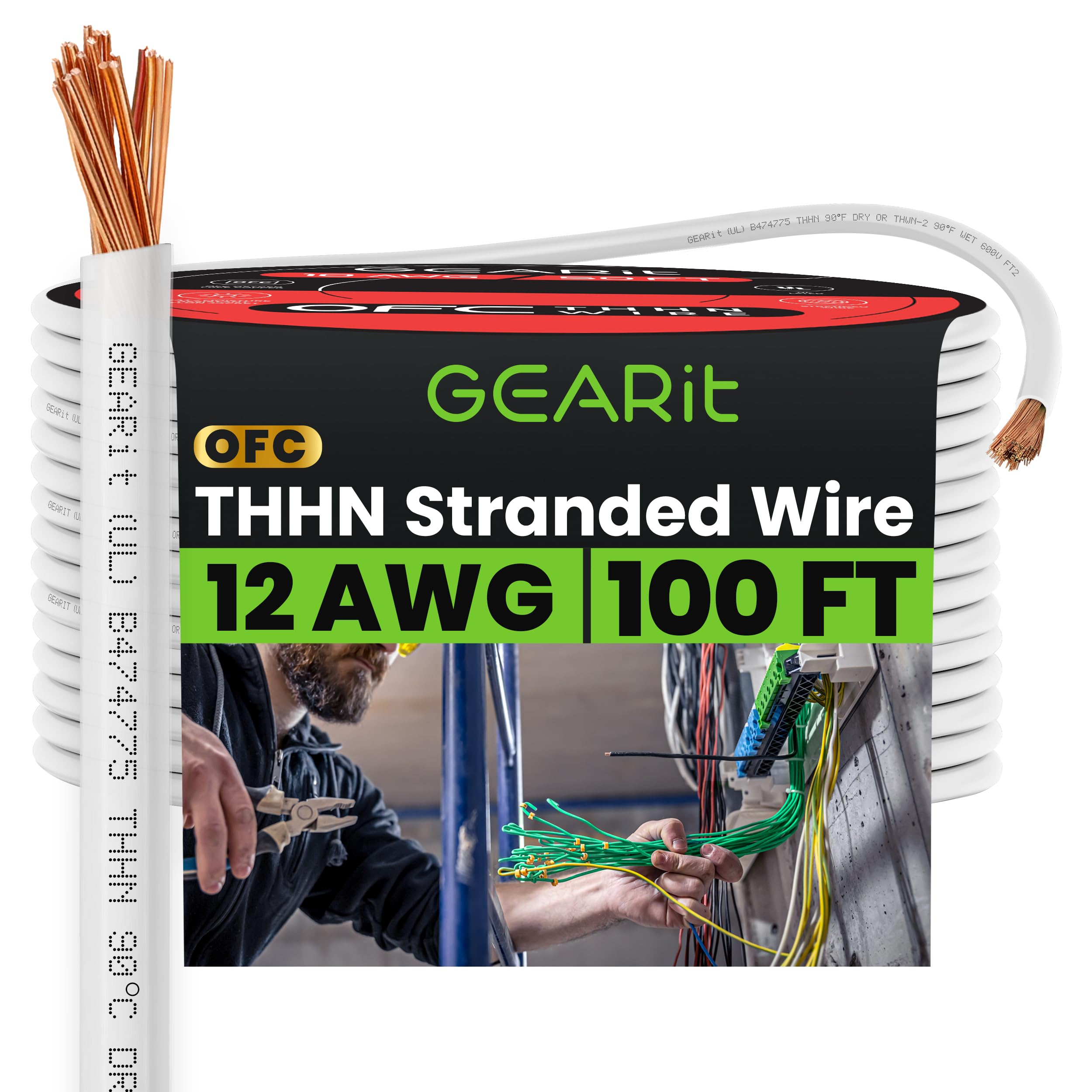 GEARit Stranded THHN Wire (12 Gauge, 100 Feet) 100% OFC Electrical Building Wire, Rated for Up to 600 Volts, Single Conductor, Nylon Jacket, UL Listed