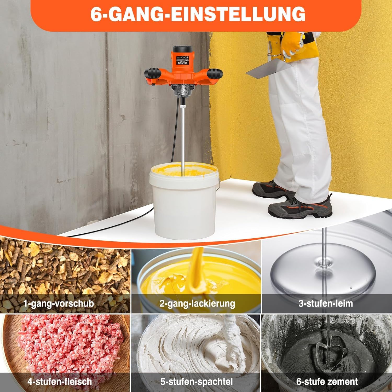 5600W Mörtelrührer Rührwerke Rührgerät Rührer Zementrührer Mörtel Zement 230V Mörtelrührer Rührwerk Elektrischer Mixer robustes 6-Gang-Metallgetrieb Mit großem Rührquirl