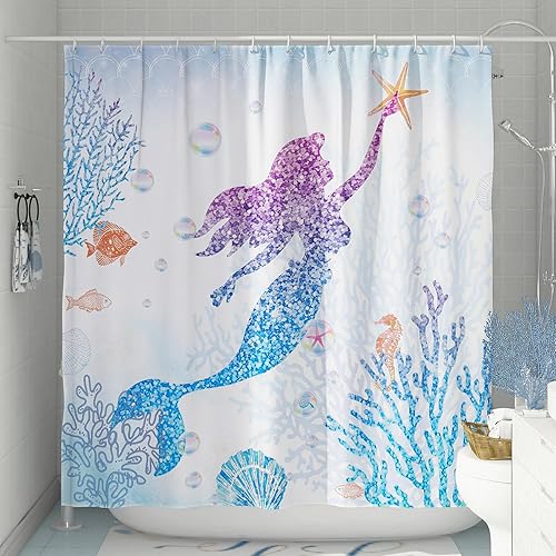 Miniatura 2 de DESIHOM Bonito juego de cortinas de ducha de sirena, cortinas de ducha con escamas de pez con purpurina para baño, decoración de baño de niños, tela