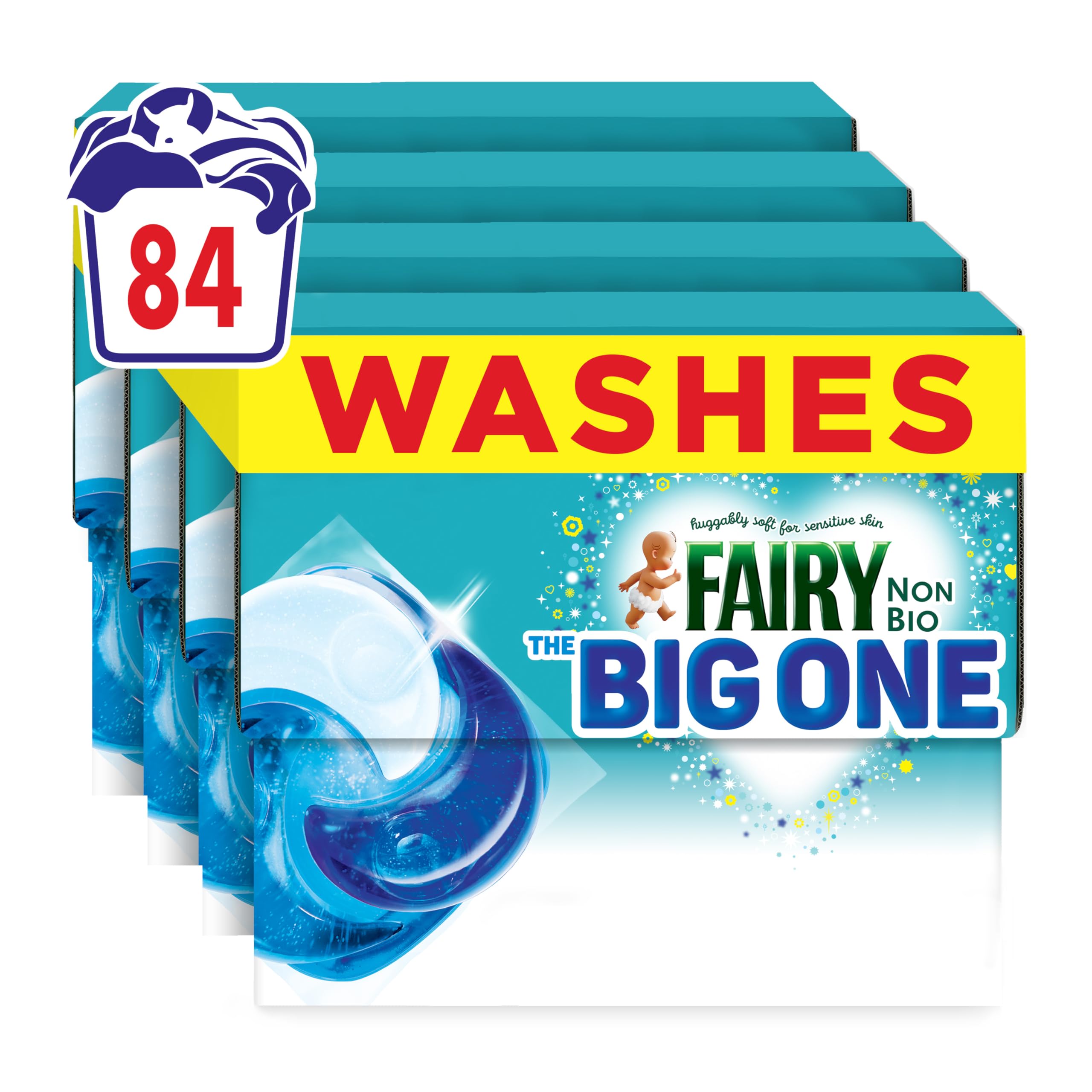 Fairy Non Bio The Big One PODS® Washing Liquid Capsules, 4 x 21ct | 4 x 21 Washes, 2X Stain Removal, Huggably Soft, For Sensitive Skin